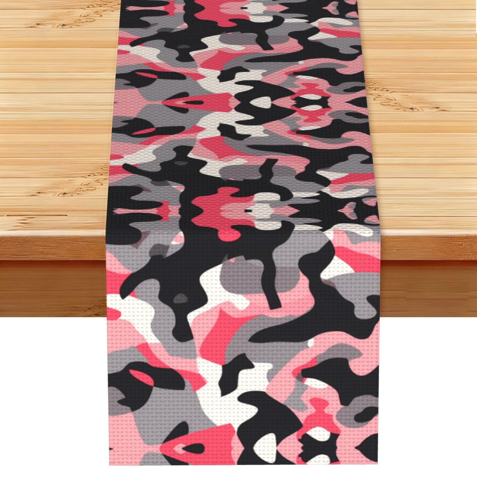 Bold Grey Pink Camo Printed Table Runner 13 x 72, Wrinkle Resistant Decor for Dining Table Coffee Table Fireplace
