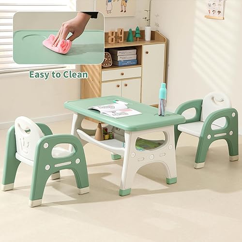 Miniatura 6 de Juego de mesa y 2 sillas para niños, juego de mesa y sillas para niños pequeños con estante de almacenamiento integrado grande, mesa de actividades
