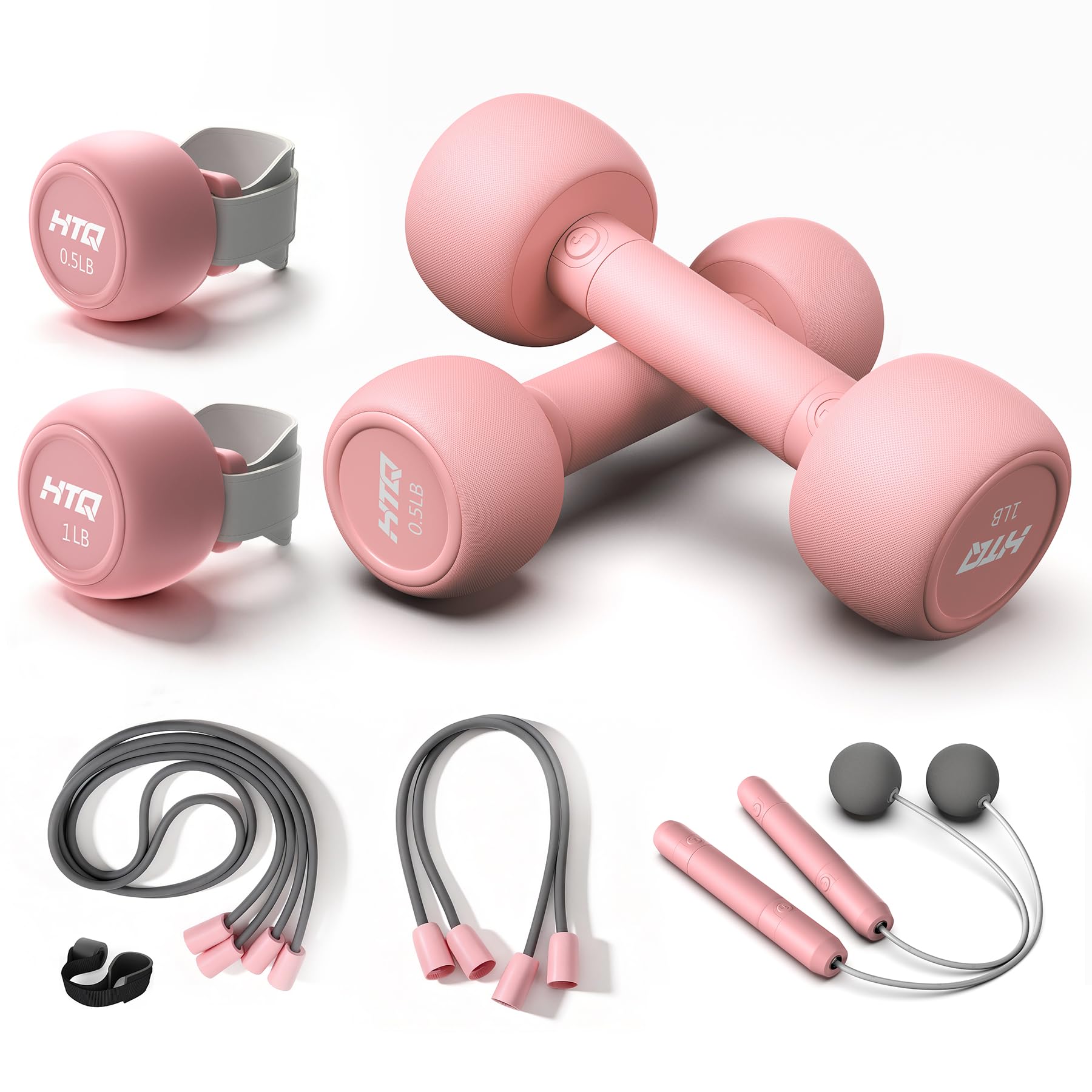 HTQ Verstellbares Hantelset für Frauen, 0,2-9,1 kg Gewichtsset mit Handgelenkgewichten, Widerstandsbändern, Springseil, Ganzkörper-Trainingsgeräte (Grün/Rosa)