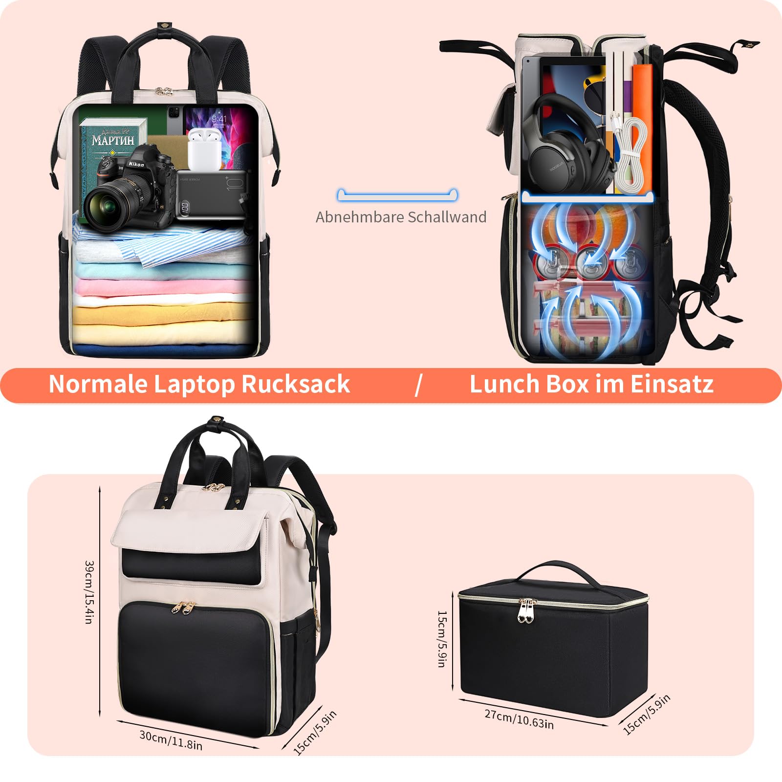 BERTASCHE Lunch Rucksack, Laptop Rucksack Damen 15,6 Zoll mit Isoliertes Kühltasche, 2-in-1-Arbeitsrucksack für Frauen/Arbeit/Business/Reisen/Lehrer/Schule/Uni，Schwarz-Beige