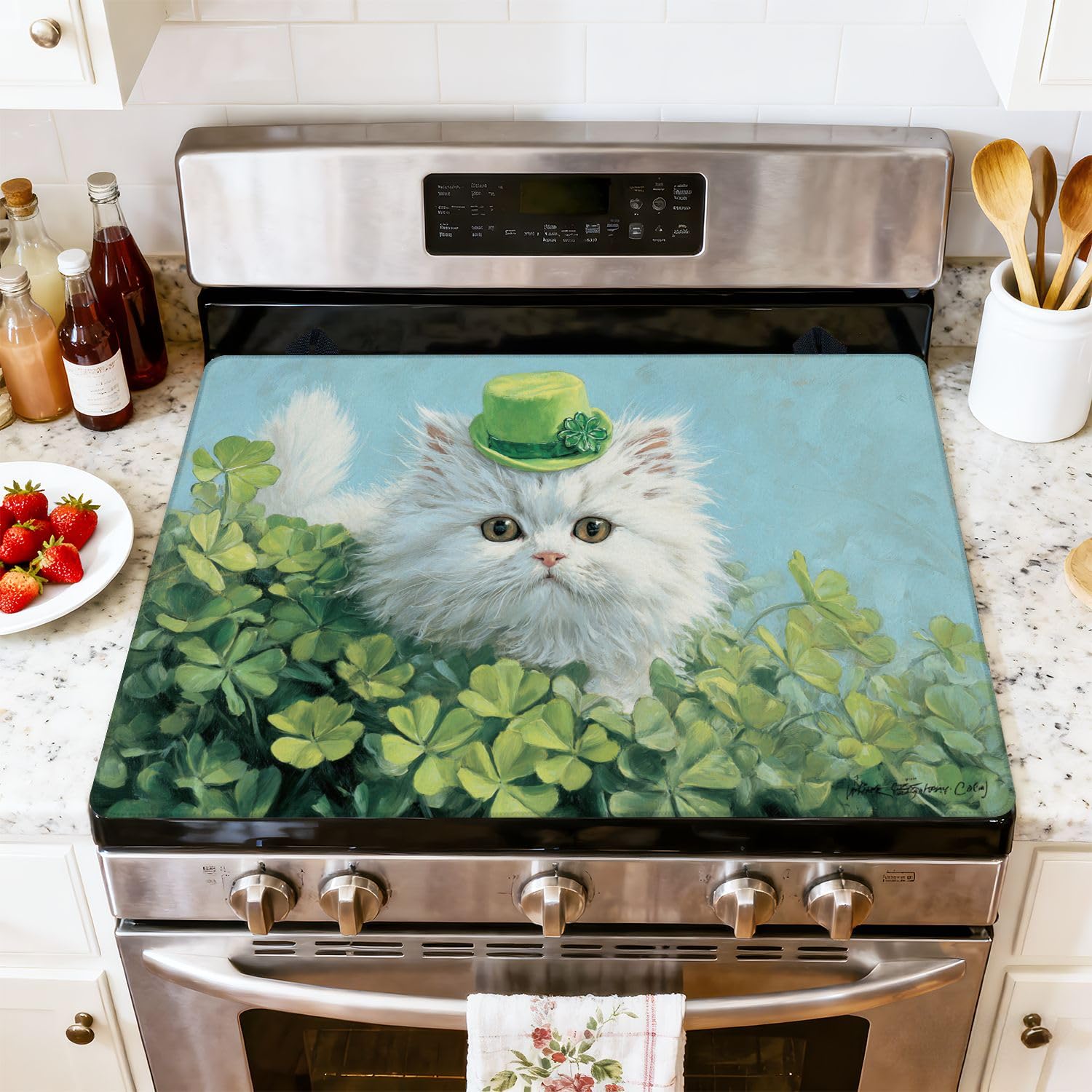 Stove Top Cover for Electric Stove Playful White Kitten Green Hat Among Clover Field Art Print Heat Resistant Glass Cooktop Protector Flat Top Oven Cover Mat Prevent Scratching 28" x 20"