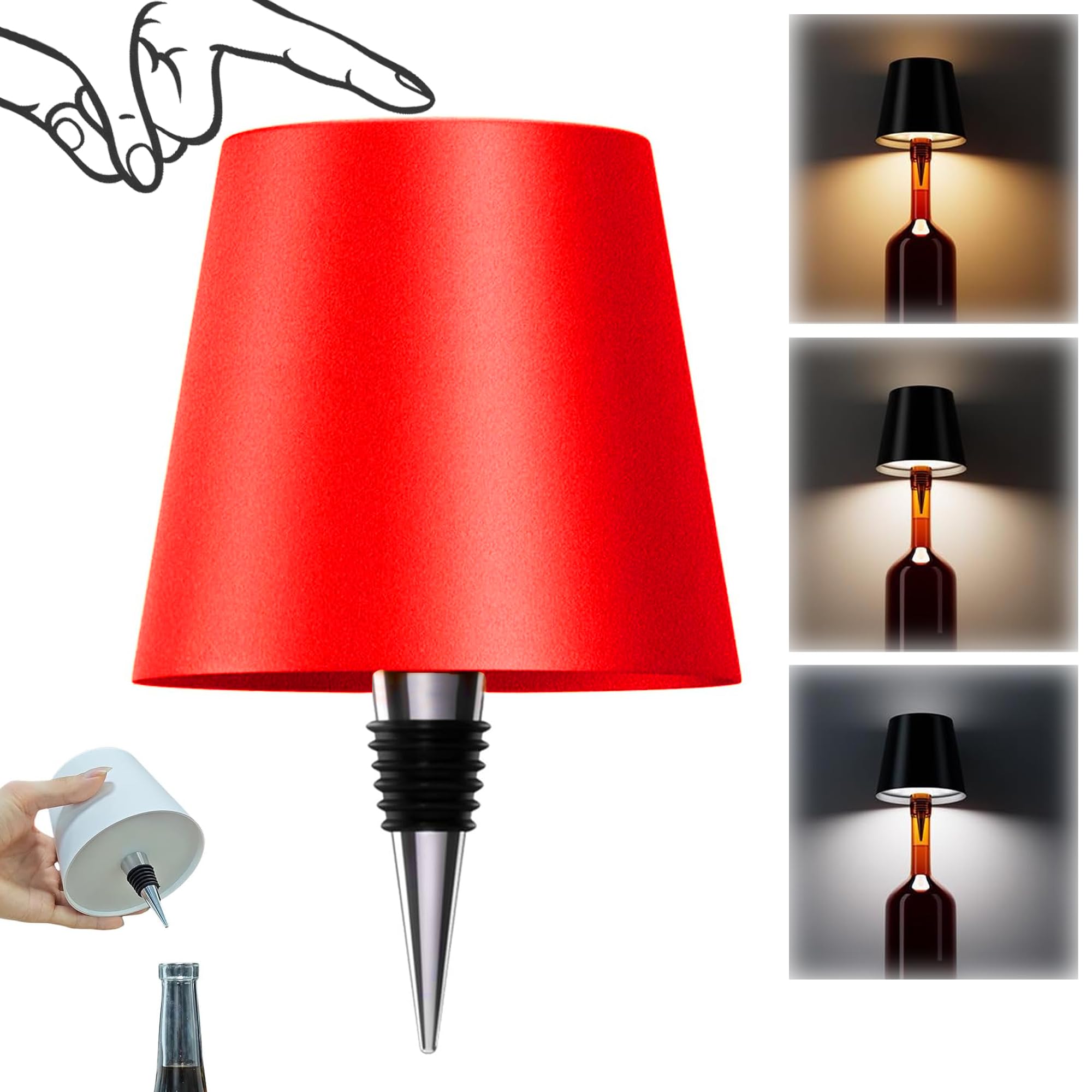 AIMARS Wireless Bottle Lamp, 3 Color Stepless Dimming Wine Bottle Lamp, LED Rechargeable Touch Control Wireless Bottle Lampshade for Bedroom, Restaurant, Bar (Red, 1-Pack)