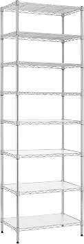Finnhomy 8-Tier Wire Shelving Unit Adjustable Steel Wire Rack Shelving 8 Shelves Steel Storage Rack or Two 4-Tier Shelving Units with PE mat, Leveling Feet and Safety Device, NSF Certified, Chrome