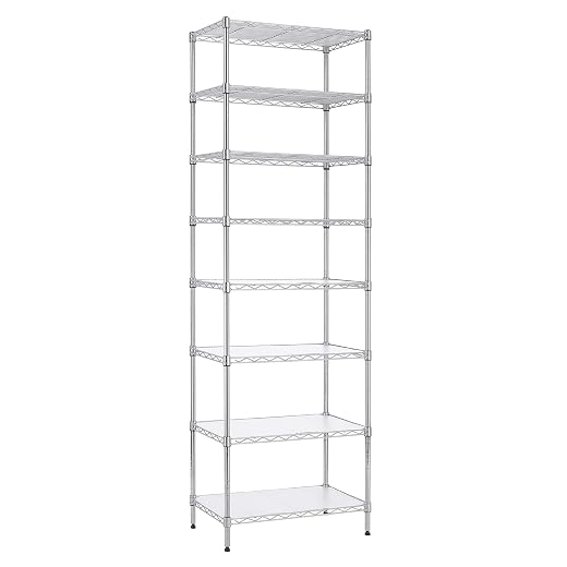 Finnhomy 8-Tier Wire Shelving Unit Adjustable Steel Wire Rack Shelving 8 Shelves Steel Storage Rack or Two 4-Tier Shelving Units with PE mat, Leveling Feet and Safety Device, NSF Certified, Chrome