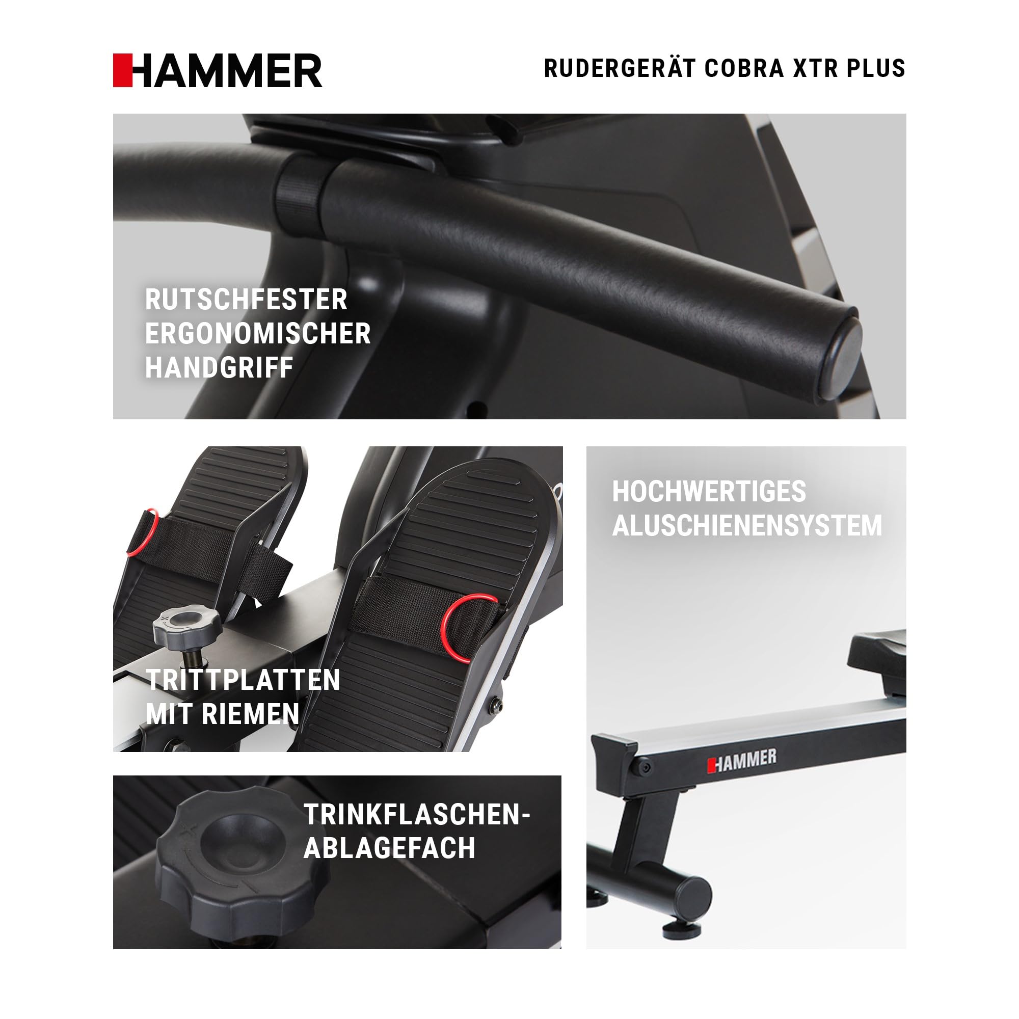 HAMMER Rudergerät Cobra XTR Plus II – Klappbare Rudermaschine mit innovativem Trainingscomputer, Rudergerät für zuhause bis 130kg, 20 Trainingsprogramme mit 4 Herzfrequenz-Programme