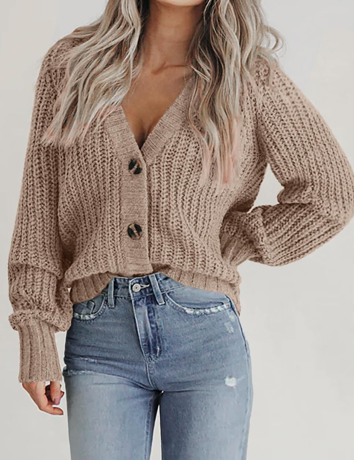 Zeagoo Women's 2026 Fall Chunky Knit Cardigans Open Front Long Sleeve V Neck Button Loose Cardigan Sweaters - Image 3