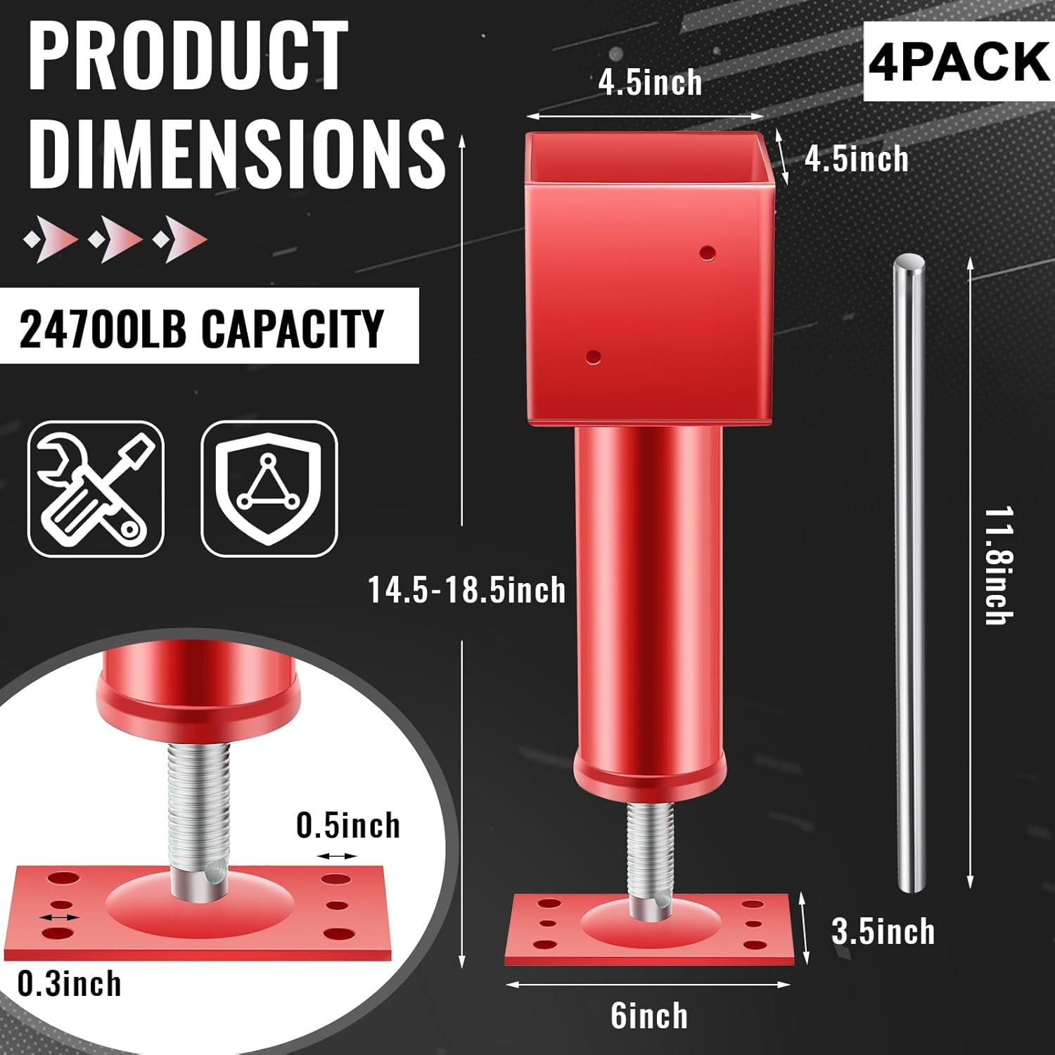 Lasnten 4 Pcs 4.5" X 4.5" Screw Jack Post 14.5" - 18.5" Height Range 24700 lbs Load Capacity Adjustable Temporary House Jacks for Leveling Flooring Basement Shore Beams Foundation Repair (Red)