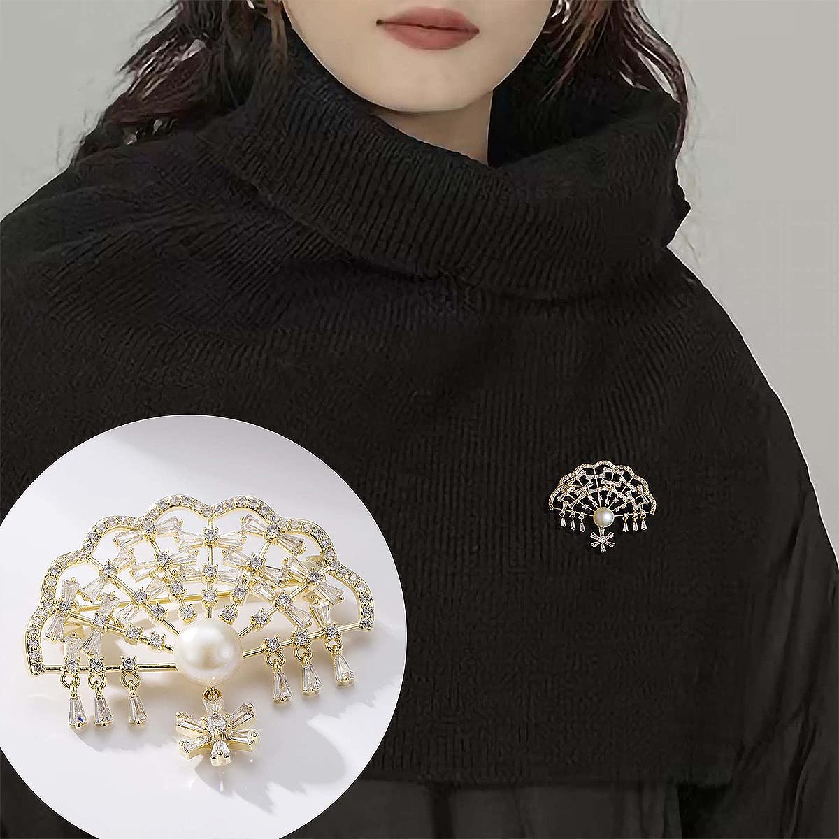 Vintage Broschen Pins für Frauen Mode Revers Pin Hohl Fan Form Brosche Pins mit Süßwasserperle, Messing, Zirkonia