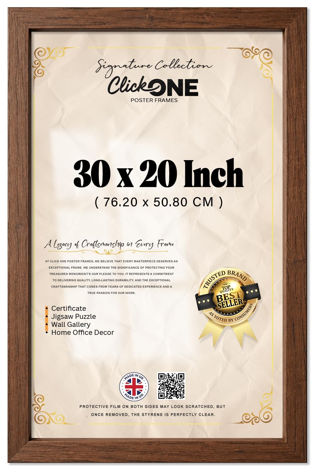 Click One Contemporary 30 X 20 Inch Frame Walnut For Versatile Display Of Paintings And Photographs 76.20 X 50.80 CM Gallery Ready For Portrait Or Landscape Hanging With Protective Clear Glazing — image 1