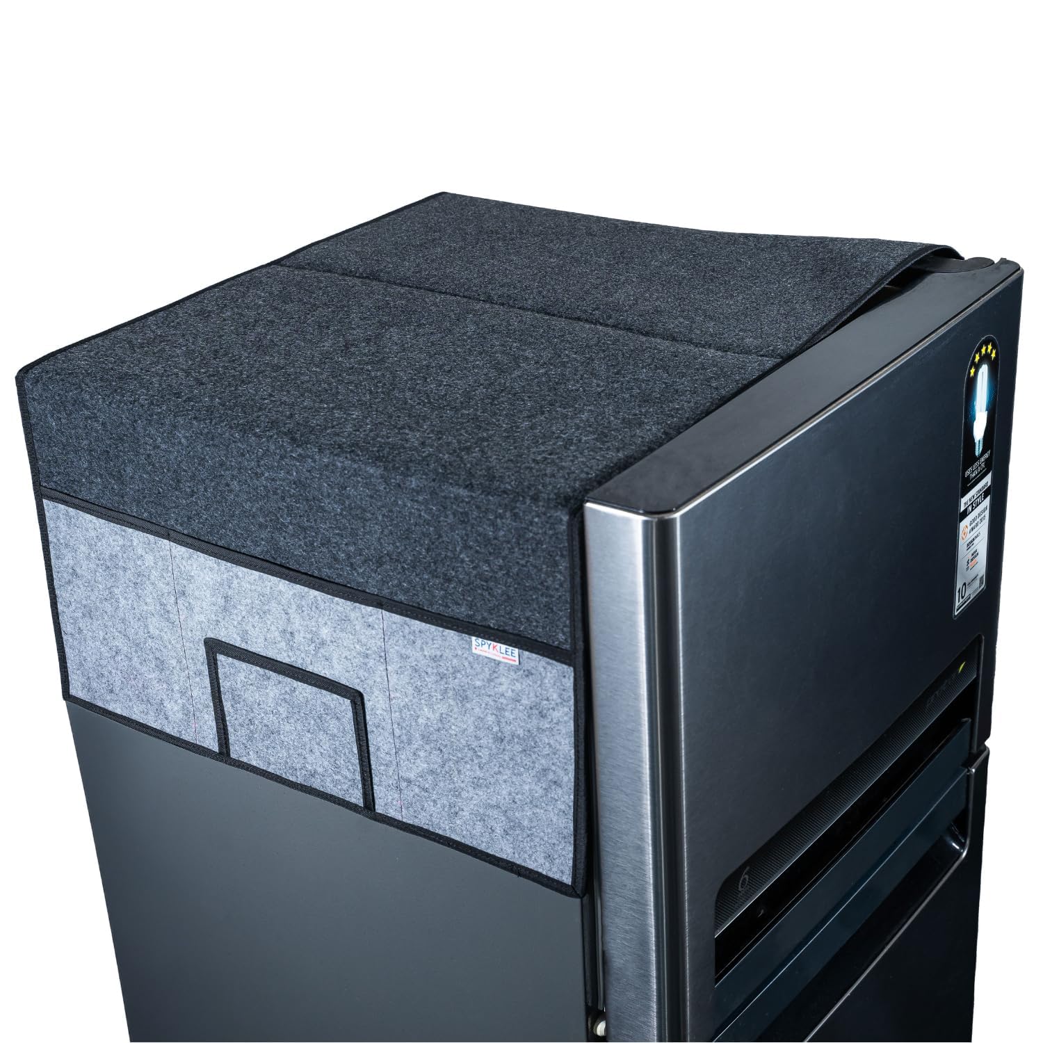 SPYKLEE Refrigerator Top Cover with 5 Storage Side Pockets | Dustproof Fridge Cover Mat | Durable, Water-Resistant, Anti-Dust Protector |for Single & Double Door Refrigerators(Black-Grey,29X22Inches)