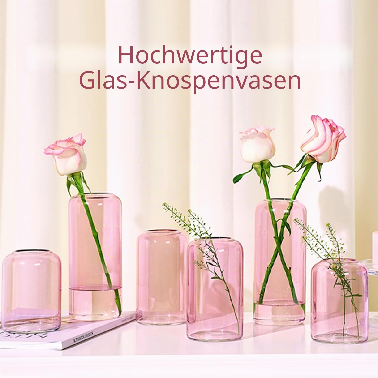 ZENS Knospenvasen 6er Set Rosa Klar Kleine Glasvase für Blumen Moderne mundgeblasene Zylinderglasvase für Hochzeit Empfang Tafelaufsätze Wohnzimmer Deko