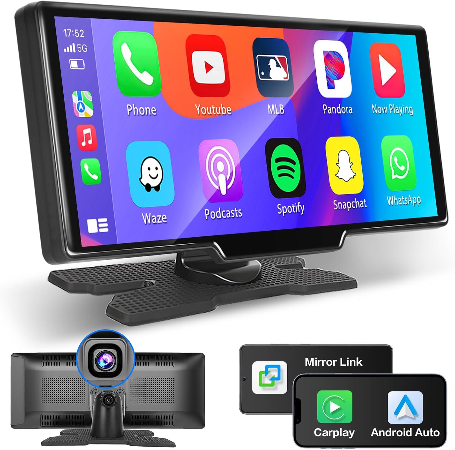 Autoradio Portatile con Dash Cam, Apple Carplay con Schermo senza fili