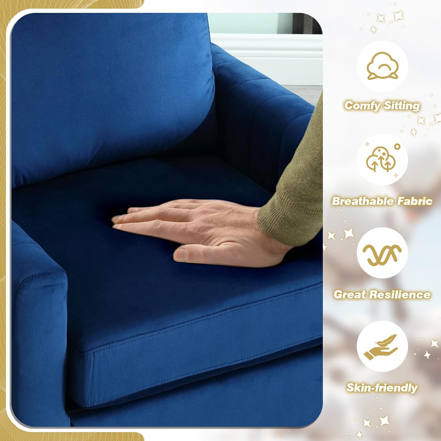 Modern Velvet Accent Chair, Comfy Living Room Armchair with Thick Cushion, Upholstered Reading Armchair, Mid Century Sofa Chair with Gold Legs, Side Chair for Living Room, Bedroom, Office, Club, Blue