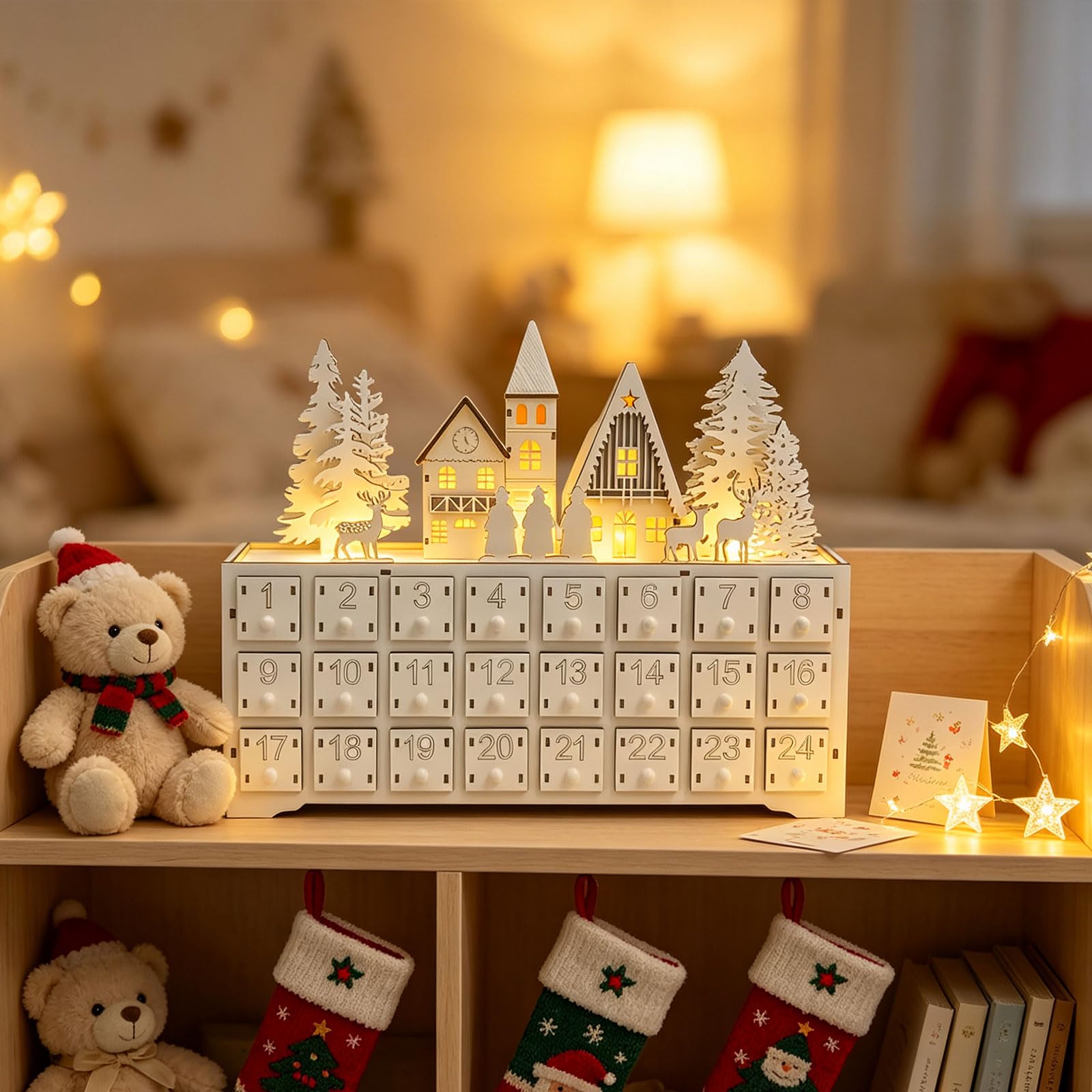 Eingangstisch, Weihnachtsdekoration, Weihnachts Adventskalender aus Holz mit 24 Schubladen, freistehendes Dorf Countdown Aufbewahrungsstück für kleine Überraschungen, Adventsschubladen Dekoration,