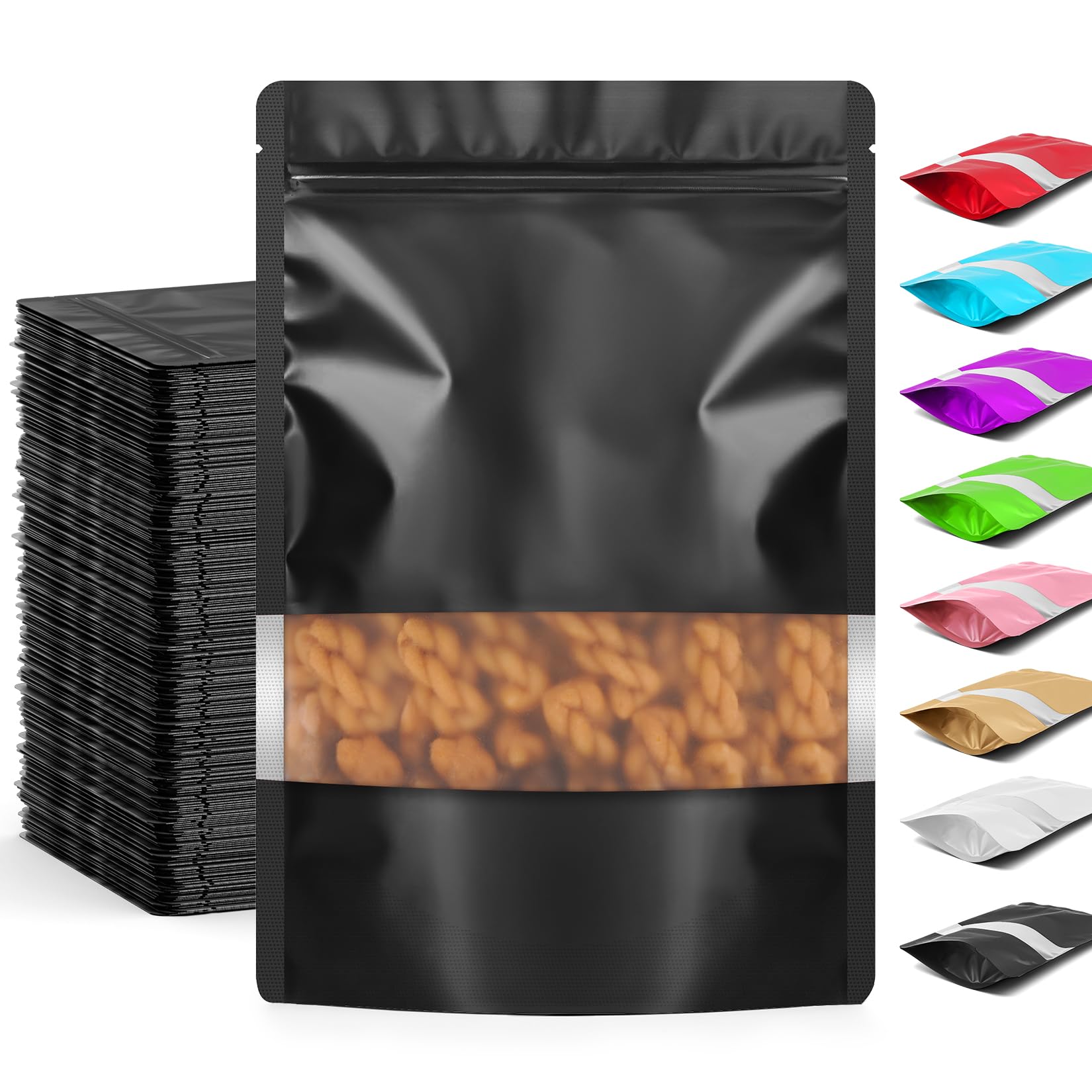 100 Pcs Black 4x6 Smell Proof Packaging Bags,Mylar Clear Bags for Food Storage,Sealable Bag for Packaging,Stand Up Pouches with Window,ReSealable Bag for Small Business,Cookies,Candy