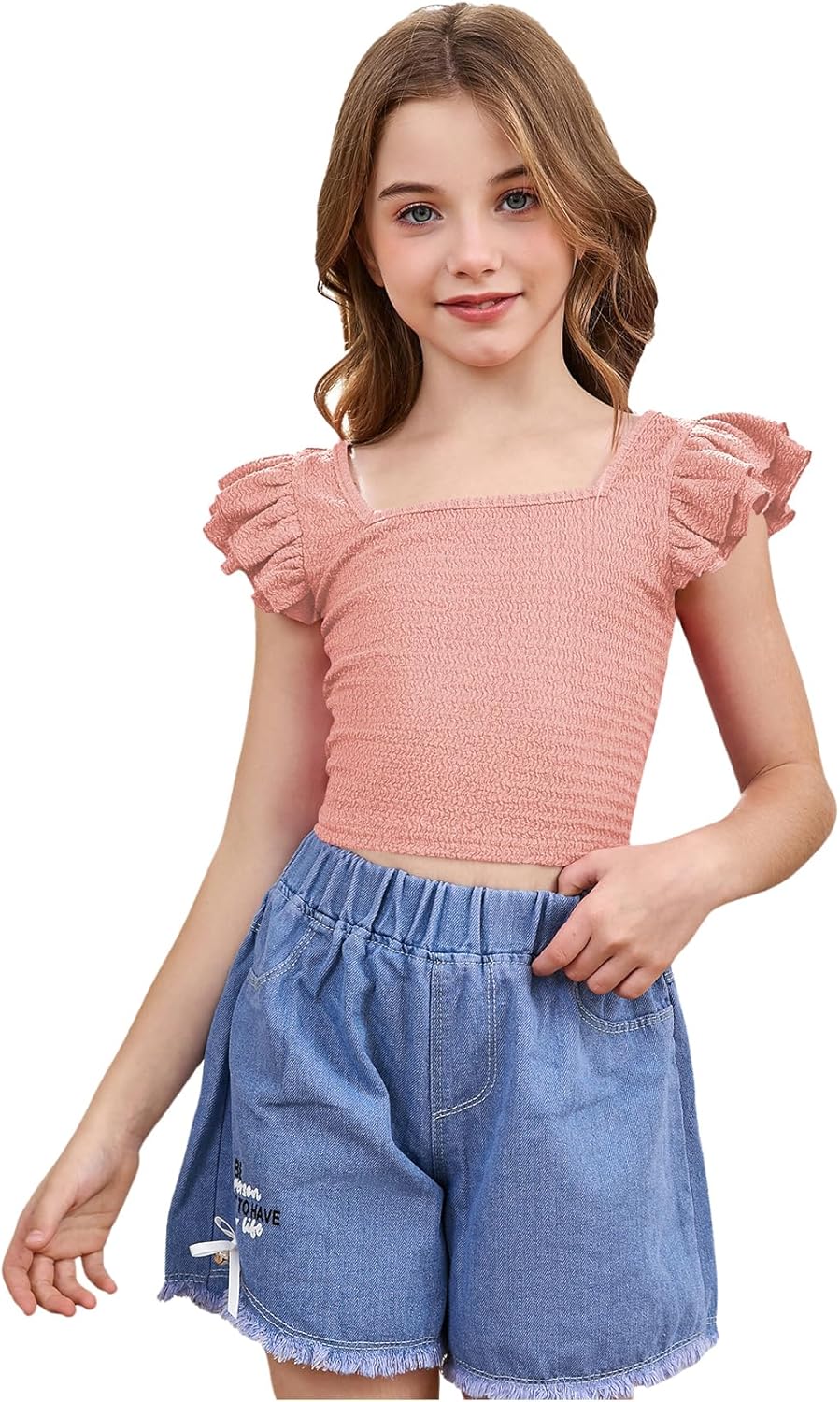 OYOANGLE Girl's Casual Solid Ruffle Trim Cap Sleeve Square Neck Cute Crop Tank Tops T-Shirts