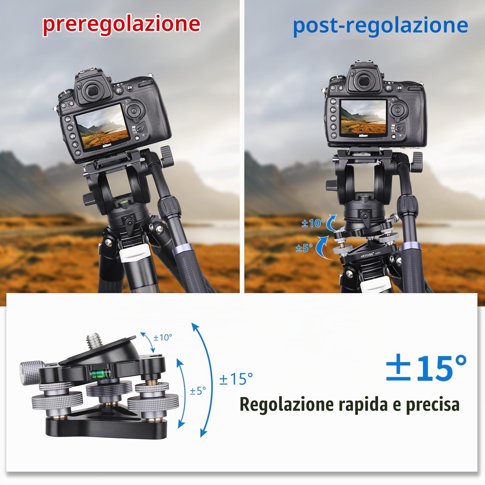 Base di livellamento a tre gambe con diametro ∅85mm, testa di livellamento con inclinazione -15°/+15°, con 3 livelle a bolla e 3 ruote - regolazione di precisione -5°/+5°: carico massimo: 15kg