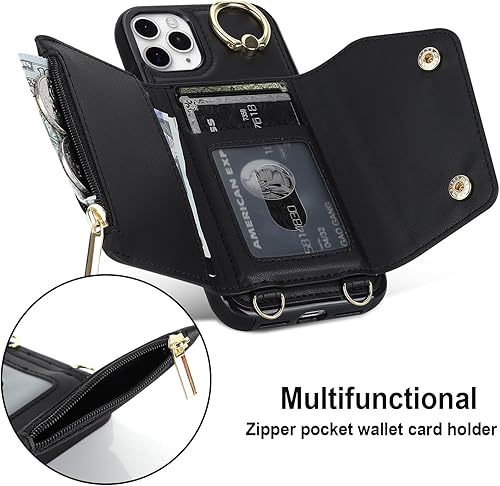 Miniatura 5 de Lipvina Funda para iPhone 11 Pro Max con correa para mujer, tarjetero de crédito, soporte de anillo, bloqueo RFID, cordón cruzado y correa para la