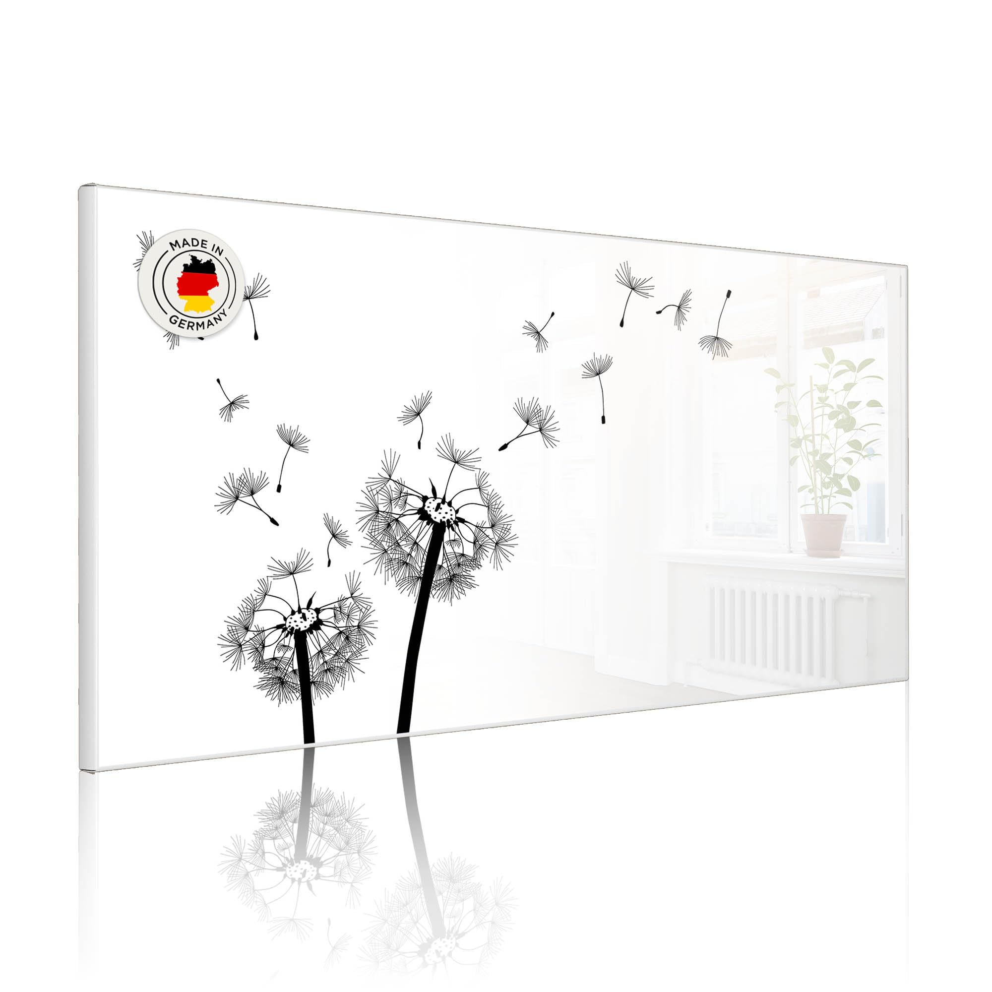 banjado Magnettafel Metall 78 x 37cm - beschreibbare Magnettafel - Metall Pinnwand als Memoboard - Magnetwand Küche, Büro, Kinderzimmer Weiß inkl. 4 Magnete & Montageset - Motiv Pusteblume 2