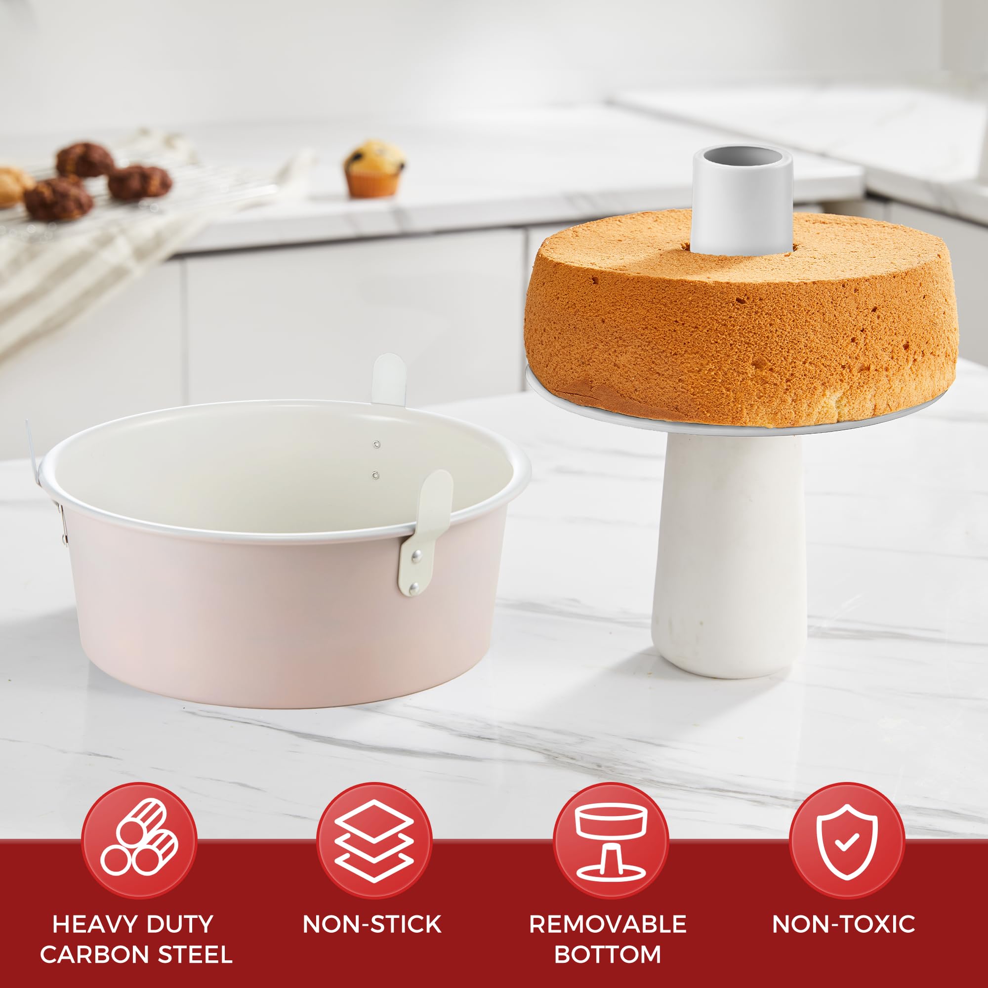 HONGBAKE Molde antiadherente para tartas de ángel con parte inferior extraíble, moldes de tubo de 10 pulgadas para hornear pasteles de gasa, 16 tazas, resistente, color rosa