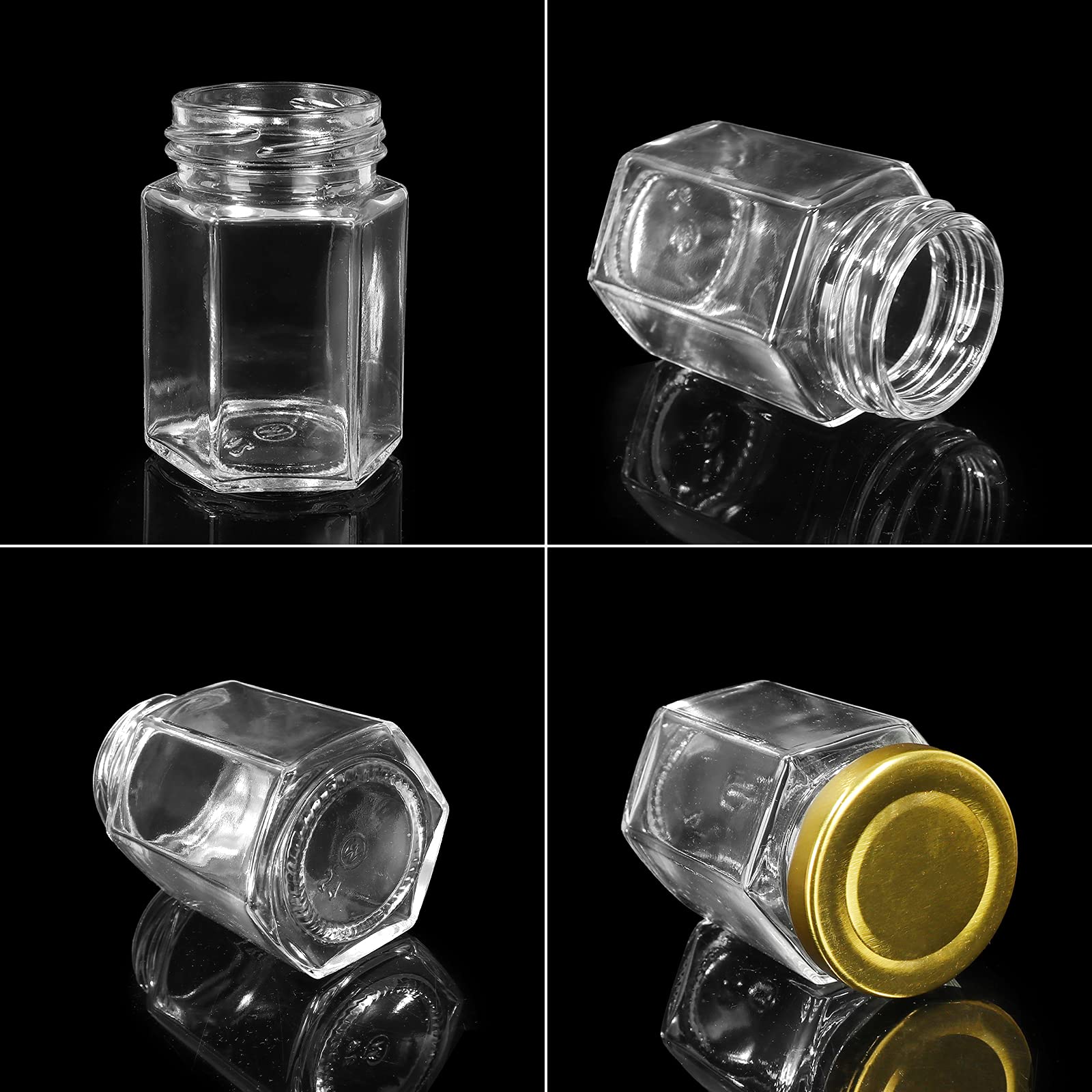 SHiZAK Sechseckige Gläser mit goldfarbenem Deckel, 120 ml, Klarglas, Honiggläser, Gewürzgläser, Einmachgläser für Kräuter, Marmeladen, Duschgeschenke, Hochzeitsgeschenke, Handwerk, 1 Stift und