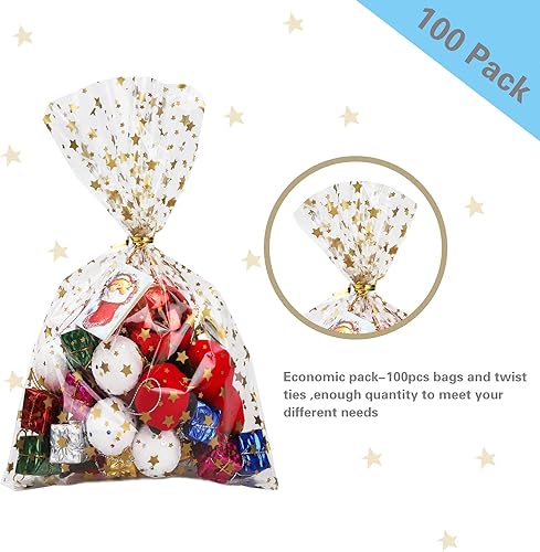 Miniatura 3 de 100 bolsas de regalo con estampado de estrellas de 6 x 10 pulgadas, bolsas de celofán para regalo, bolsas de regalo de fiesta, bolsas transparentes