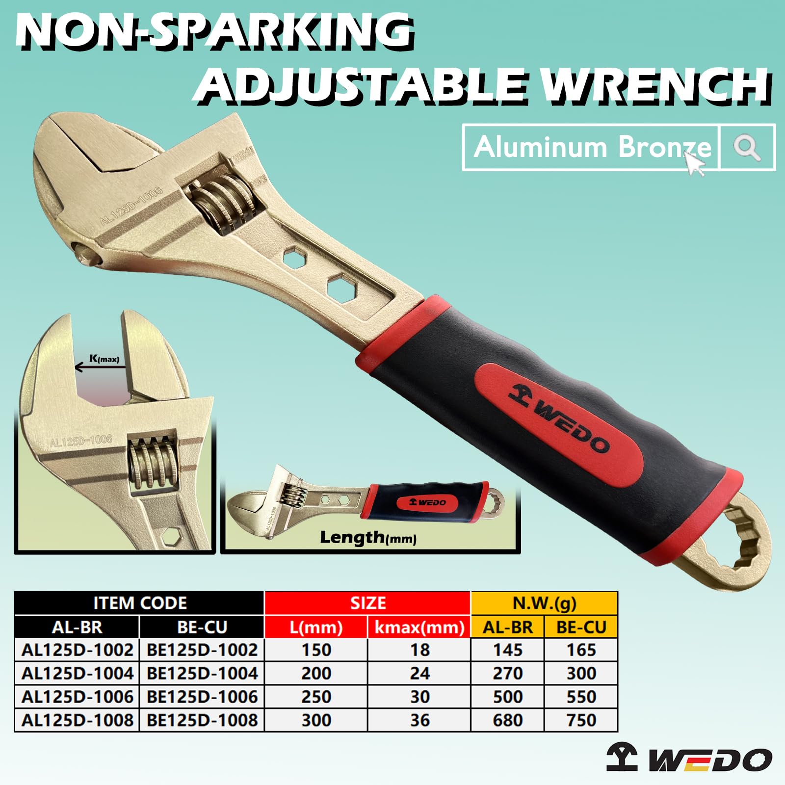 WEDO Llave ajustable sin chispas con mango de plástico, tamaño 36 x 300 mm, llave ajustable multifuncional de seguridad sin chispas de 12 pulgadas, bronce de aluminio, estándar DIN, certificado BAM y