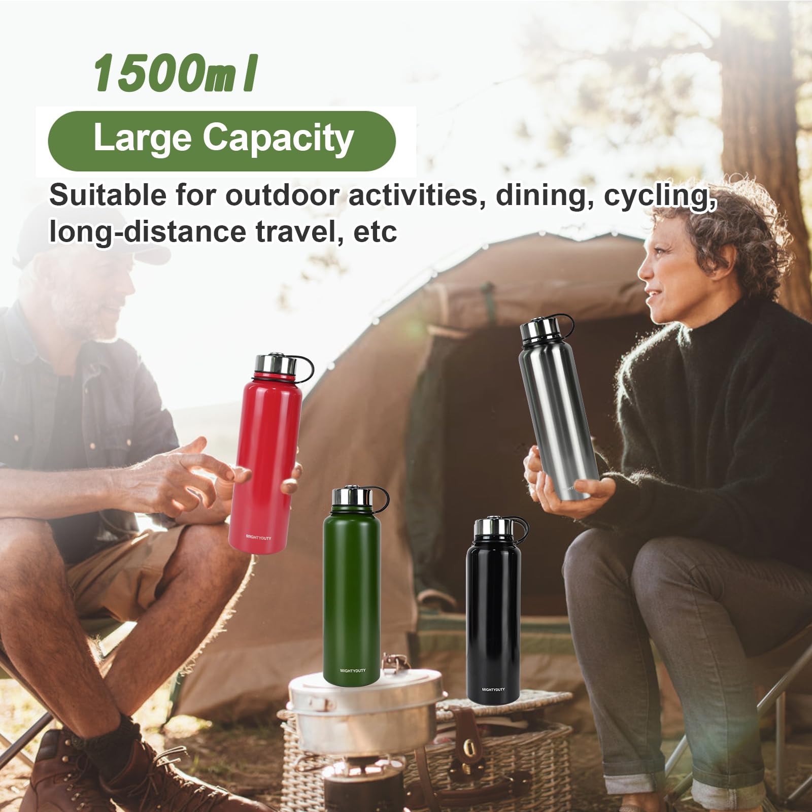 MIGHTYDUTY Thermosfles, 1,5 l, roestvrij staal, 6-24 uur, warm en koelend, grote capaciteit, lekvrij, voor koffie en thee, voor outdoor, sport, school, kantoor (groen