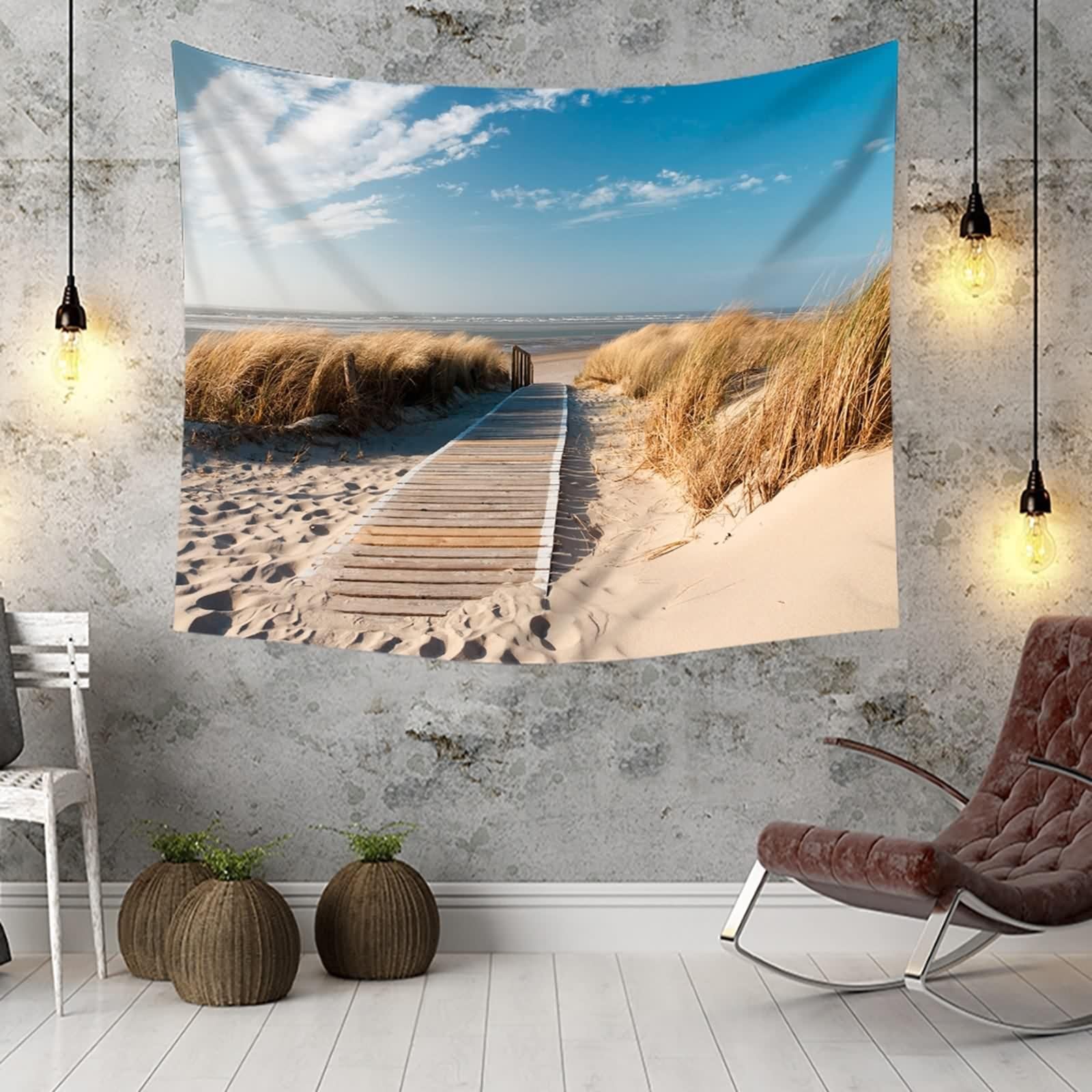 Dsnyu Dywan ścienny XXL, gobelin, żółty, beżowy, na plażę, trzcina, dekoracja ścienna do sypialni, salonu, poliester, 350 x 256 cm