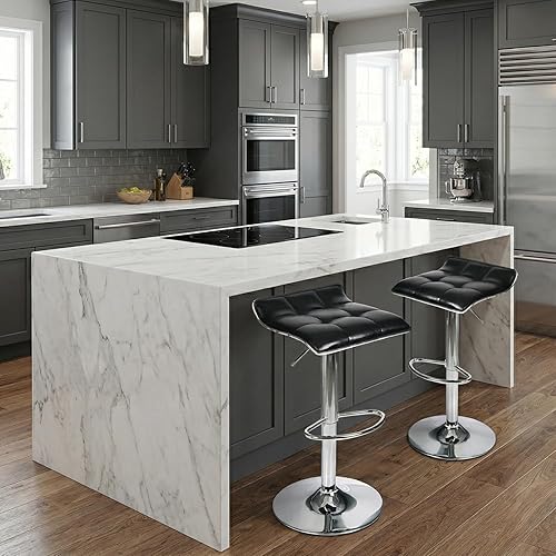 Miniatura 7 de Juego de 2 taburetes de bar, taburetes de bar giratorios ajustables de gas, piel sintética con base cromada, color negro