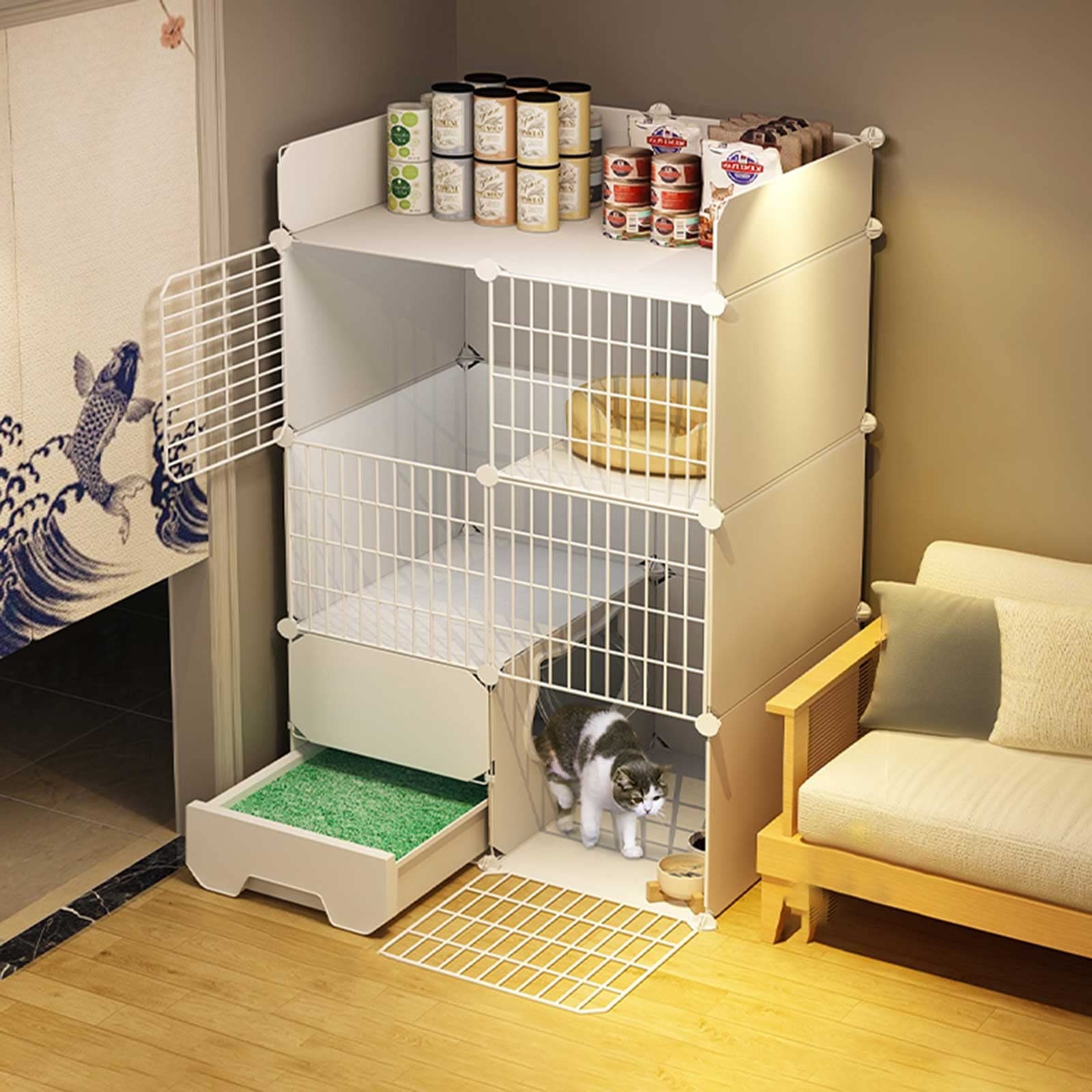 Cage pour chats modulable contre le manque d'espace avec litière intégrée