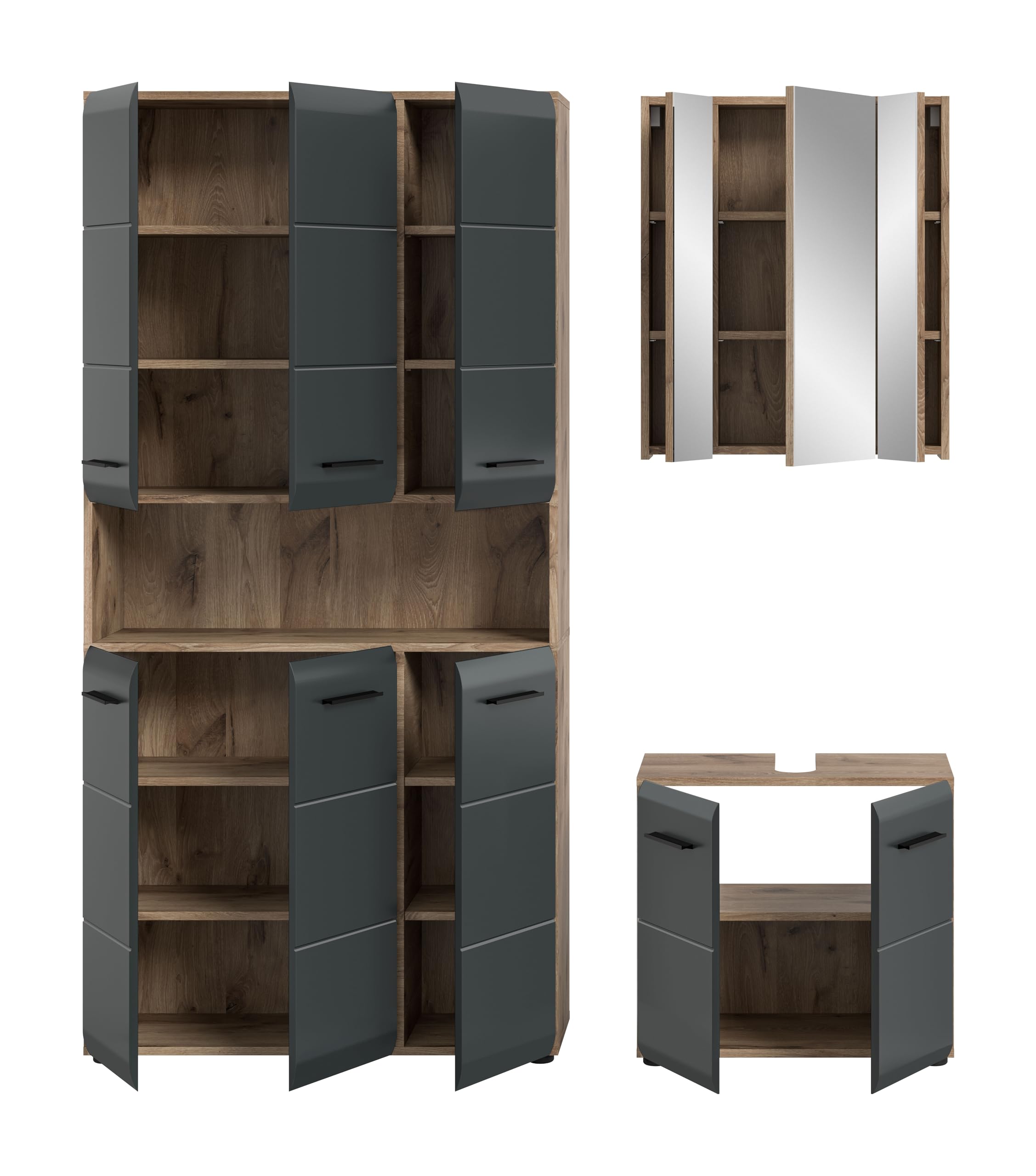xonox.home – 3 TLG. Kompakte Badkombination Ice 165x185x30 cm in Korpus Nox Oak Nachbildung und Front schwarz matt – Stilvolles Möbel-Set für Moderne Badezimmer – pflegeleicht & funktional