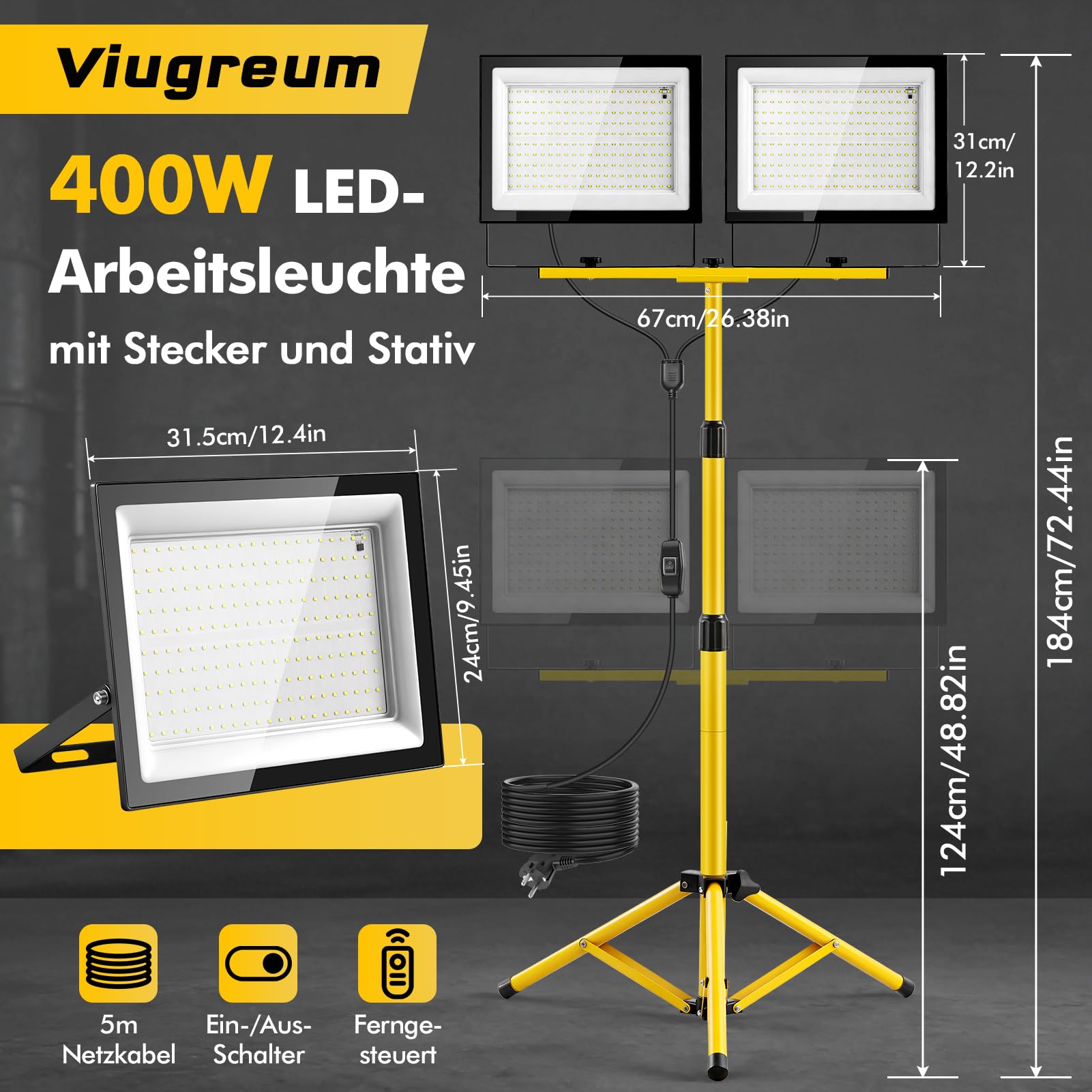 Viugreum Foco de Trabajo LED de 400W con Trípode y Mando Distancia, Foco de Seguridad Regulable de 6500K con 2 Cabezales Ajustables, Altura Máxima de 185cm, IP66, Foco Portátil con Enchufe y 5m Cable
