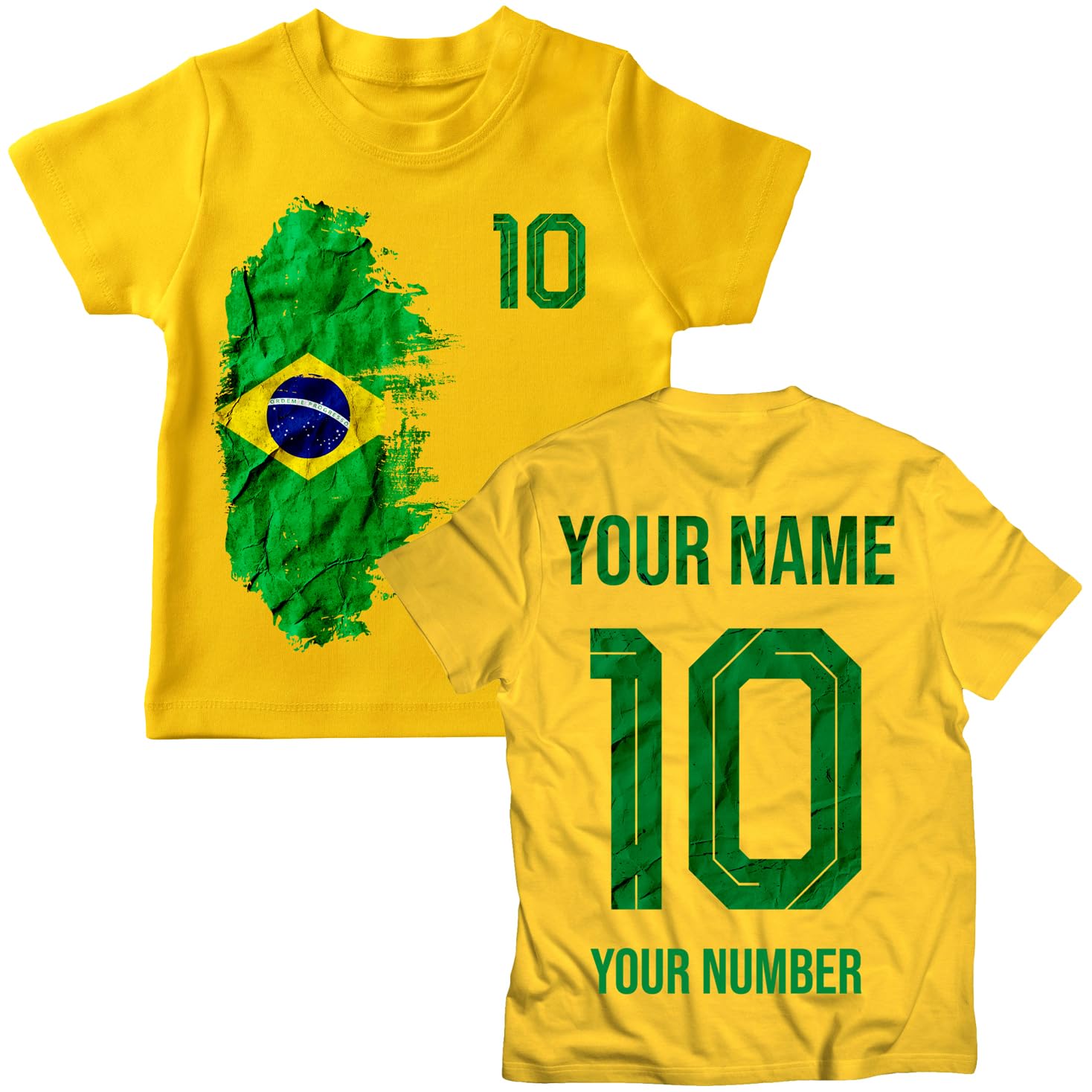 lepni.me Brazil 2026 Personalised Kids' Football Fan Graphic Cotton T-Shirt, Custom Name and Number, Short Sleeve Supporters Top (12-13 Years Yellow Multi Color)