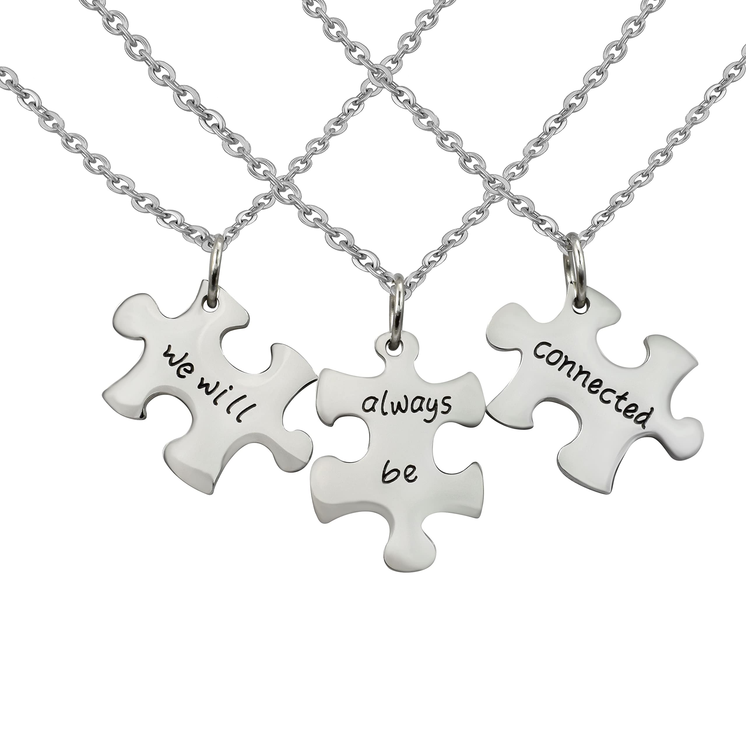 3 Stück Personalisierte Ketten Gravur Edelstahl 50 cm Puzzle "we will always be connected" in silber - Halsketten Männer und Frauen - Personalisierter Schmuck Herren Damen Freunde Geschwister