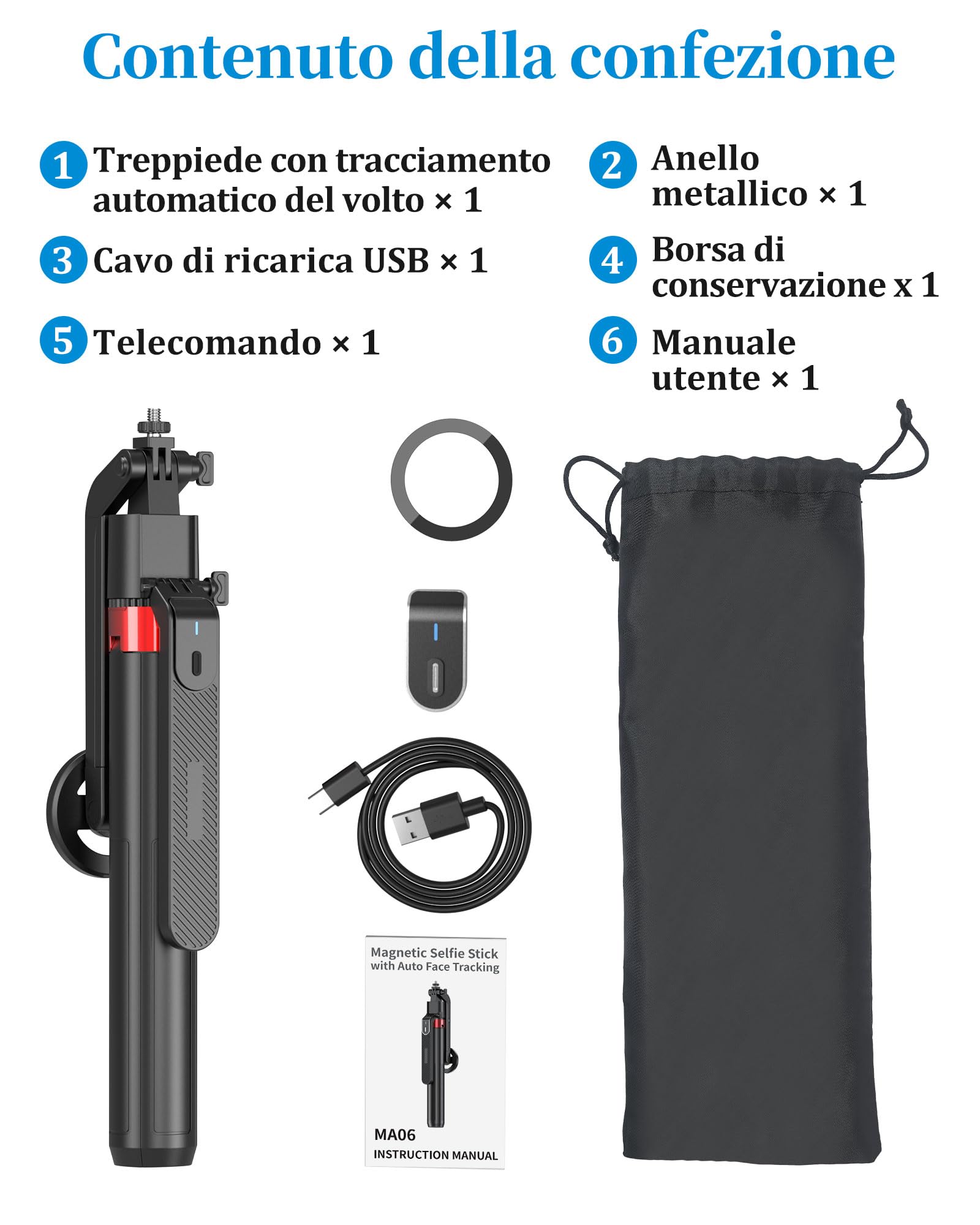 PlusAcc Treppiede magnetico per selfie da 72" per iPhone, rotazione a 360°, con telecomando, compatibile con Magsafe/smartphone, per registrazione video, Vlog, Tiktok