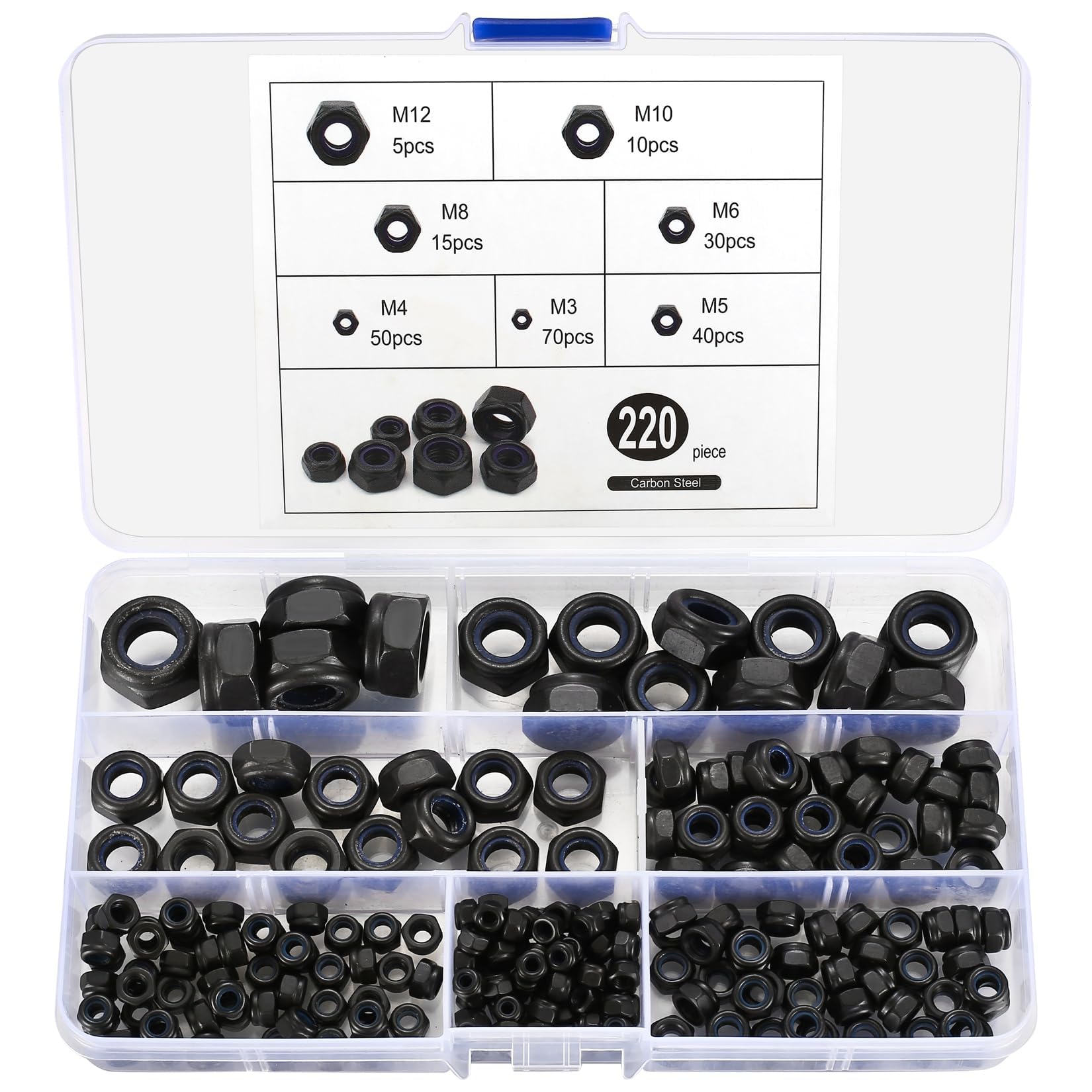 TA-VIGOR 220Pcs Nylon Hex Lock Nuts Assortment Kit, M3 M4 M5 M6 M8 M10 M12 Black Carbon Steel Nylon Insert Self-locking Nuts
