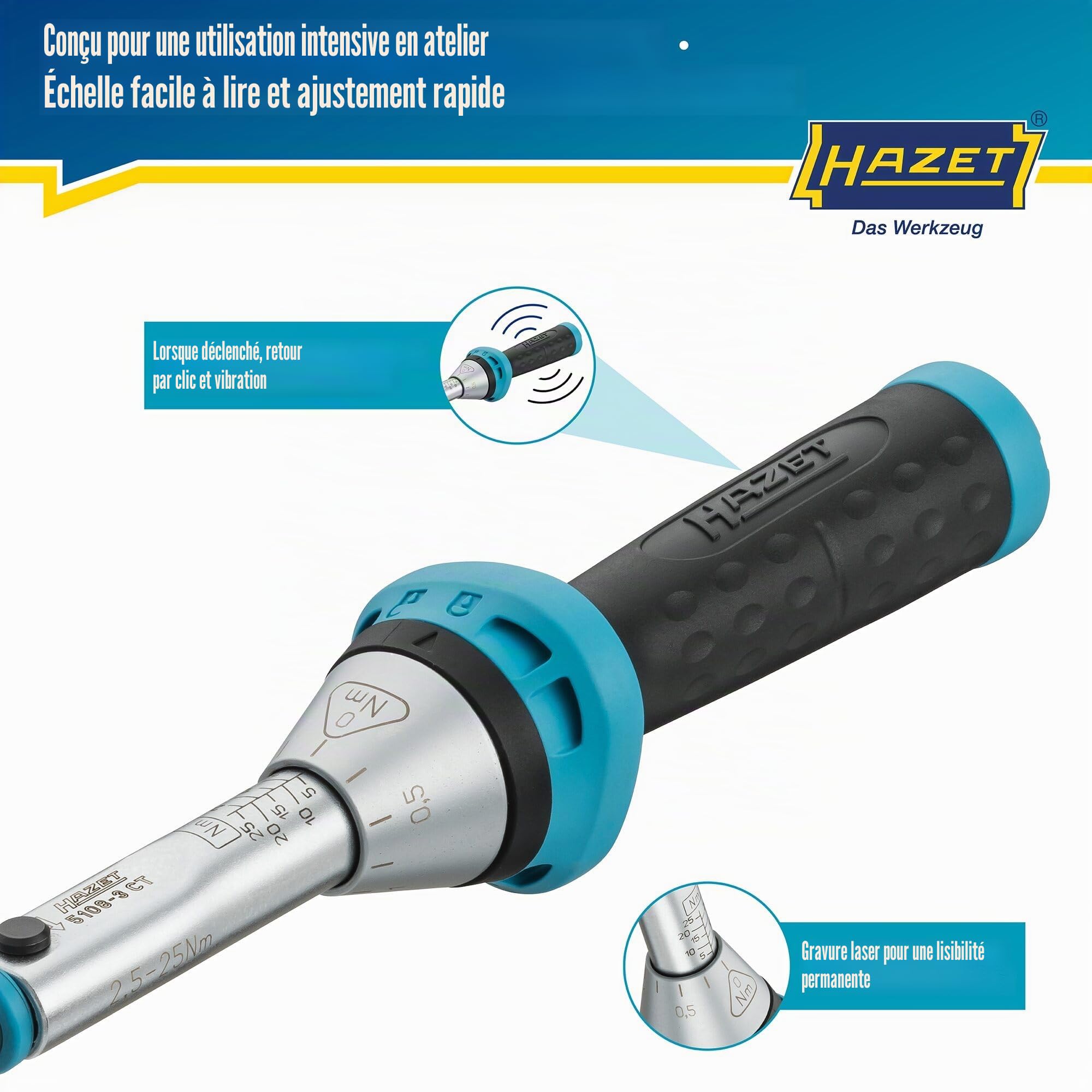 Clé dynamométrique HAZET 5108-3CT 6,3 mm (1/4 pouce) 3% 20 dents