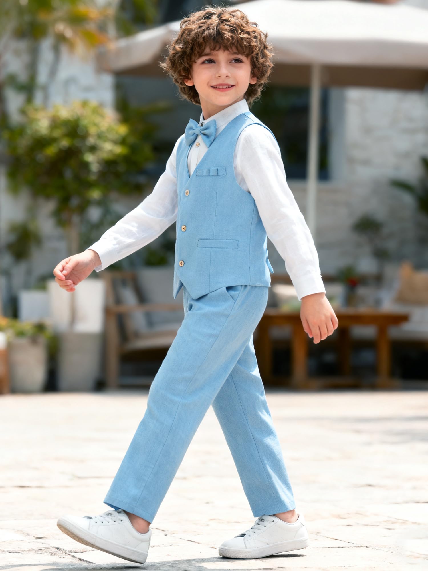 LOLANTA Jungen Leinenanzug Kleid Kleidung Kinder Abschlussfeier Hochzeit Outfit 4-teiliges Hemd Weste Hosen Set mit Fliege