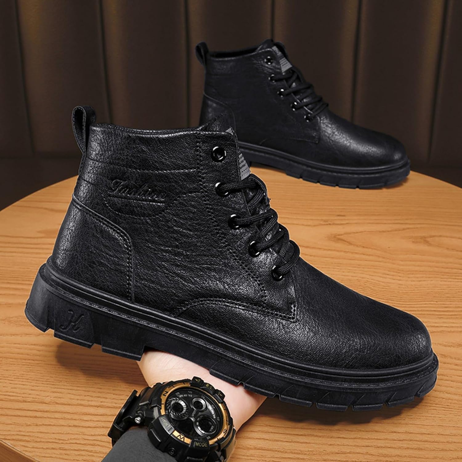 [Taopagii] メンズ レザー ショートブーツ ワークブーツ 本革 四節着用 編み上げ フラット オートバイブーツ 痛くない