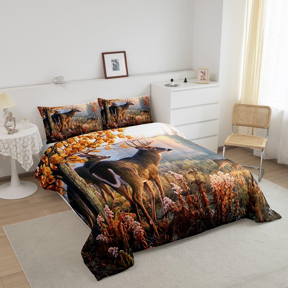 Cute Deer Comforter Set Kids Deer Hunting Comforter for Boys Teens Antlers Bedding Set Breathable Western Farmhouse Red Orange Duvet Set Room Decor Quilt Set Twin Size with 1 Pillow Case