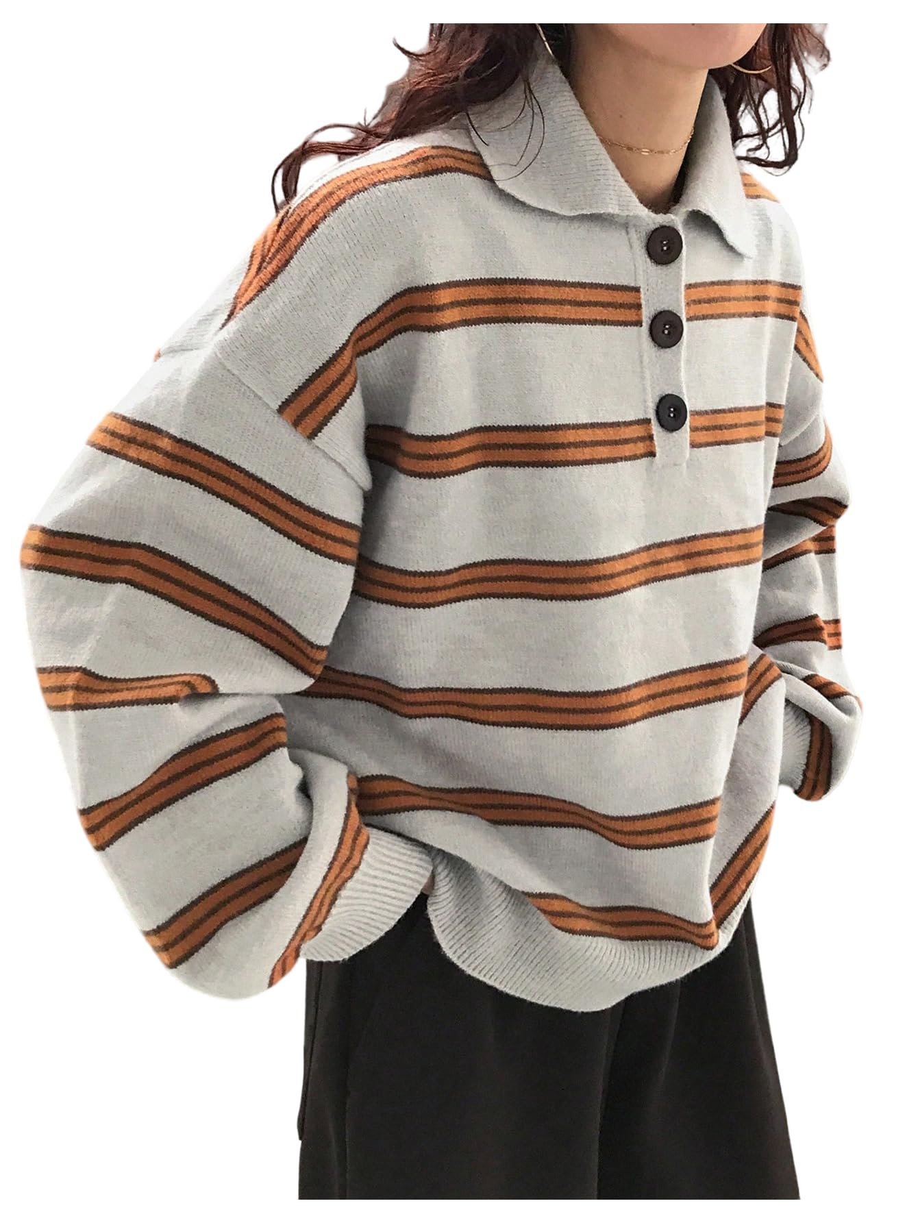 MakeMeChic Womens Striped Oversized Sweater Long Sleeve Collared Pullover Fall Knit Tops