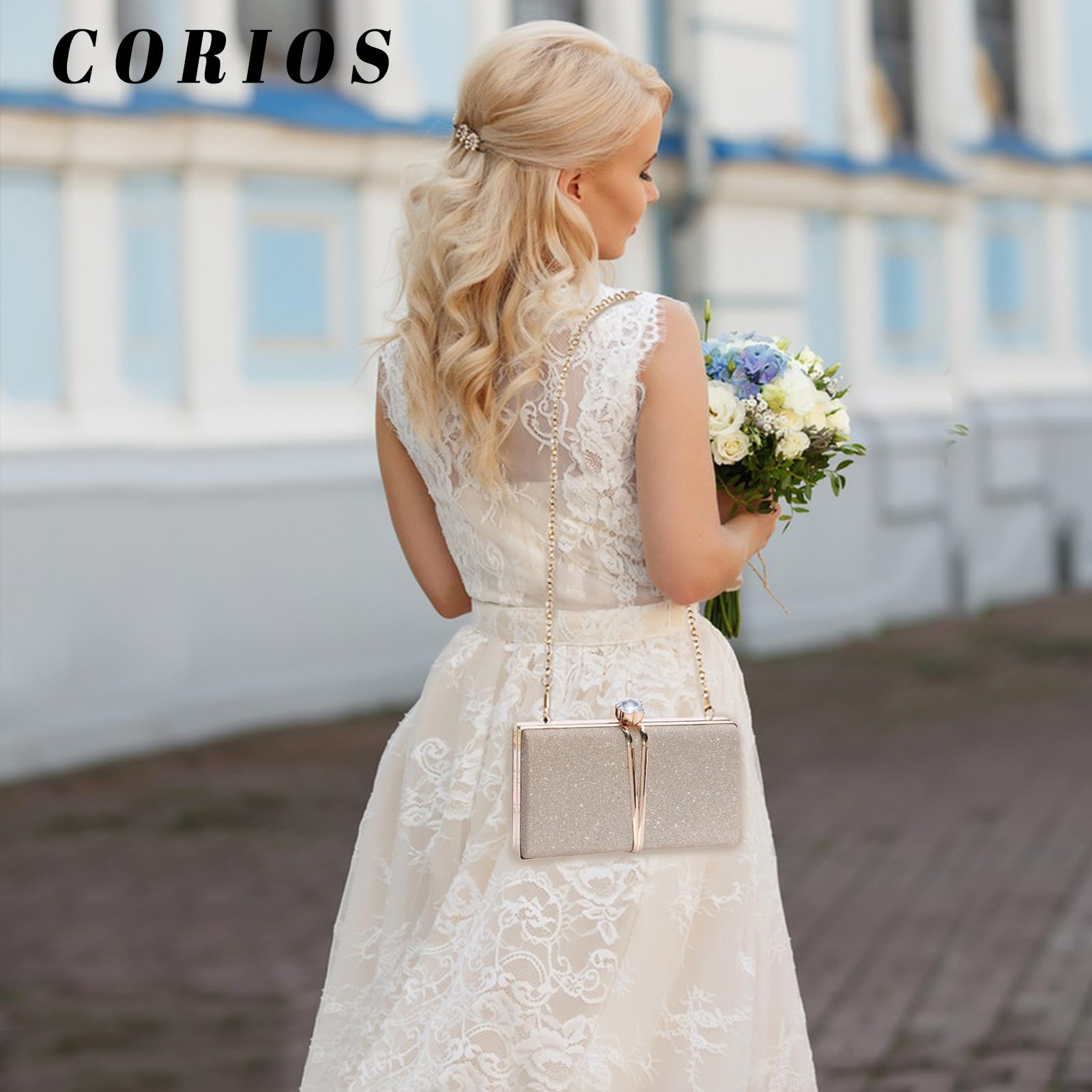 CORIOS Borsetta da Sera Donna Strass Clutch Paillettes Borsa a Spalla Pochette Piccolo con Catena Borsa Scintillante Elegante Borsa a Tracolla per Cocktail Festa Cerimonia Ballo Oro