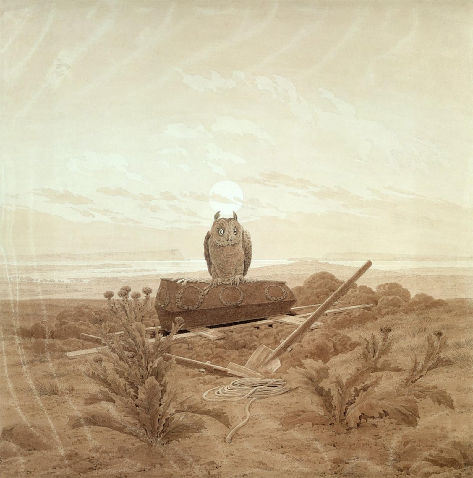 SERENDIPITP Abstract Painting Mural Print Picture Wall Decor Painting Landscape with grave coffin and owl sepia ink and pencil on paper by Caspar David Friedrich for Home Decor 60x90cm