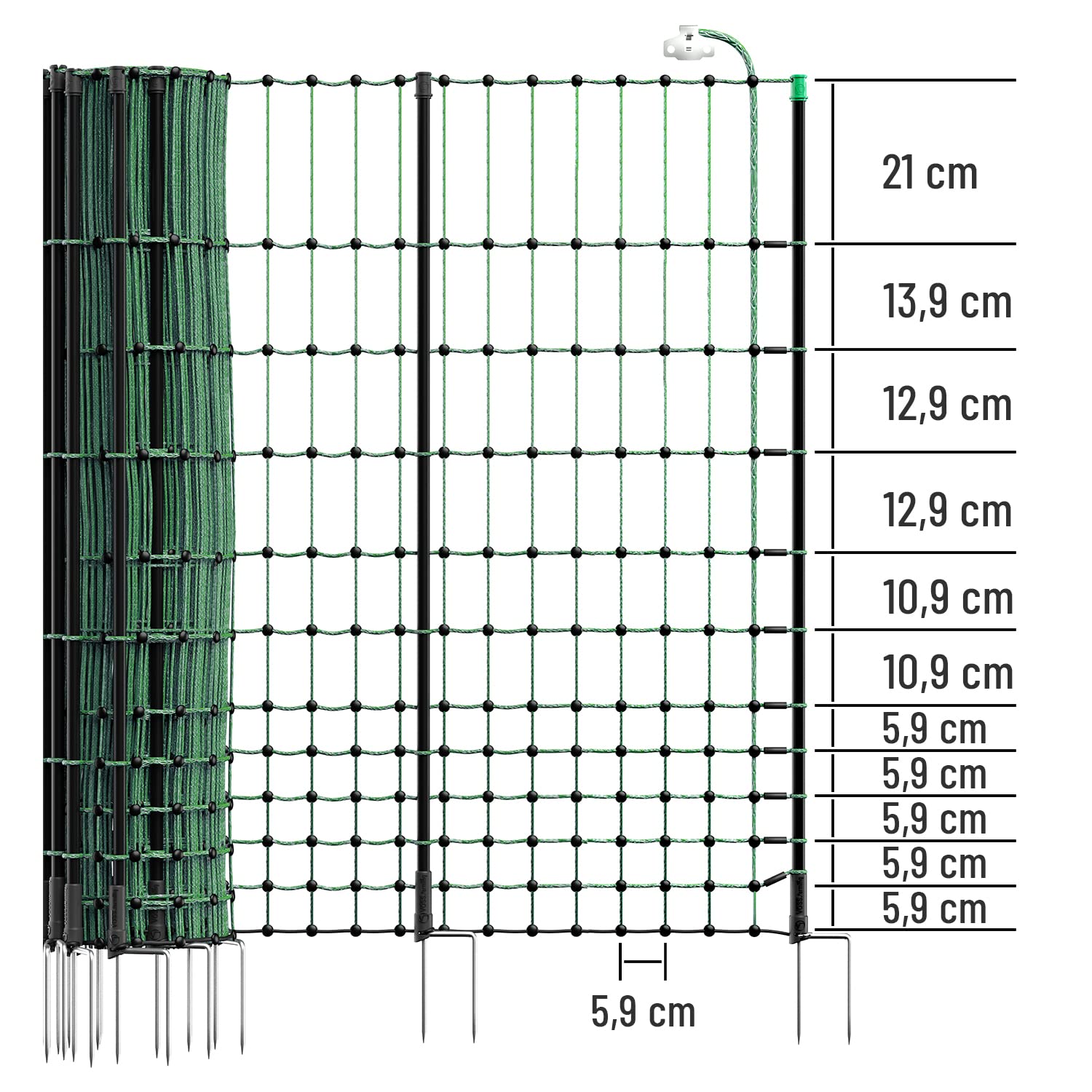 VOSS.farming Elektronetz, Netz, Hühnerzaun, Geflügelnetz, 50m, 112cm, Gartenzaun, Auslaufgehege, Grün, Elektrifizierbar, 20 Pfähle Stäbe, 2 Spitzen, Fiberglaspfähle, Hundezaun