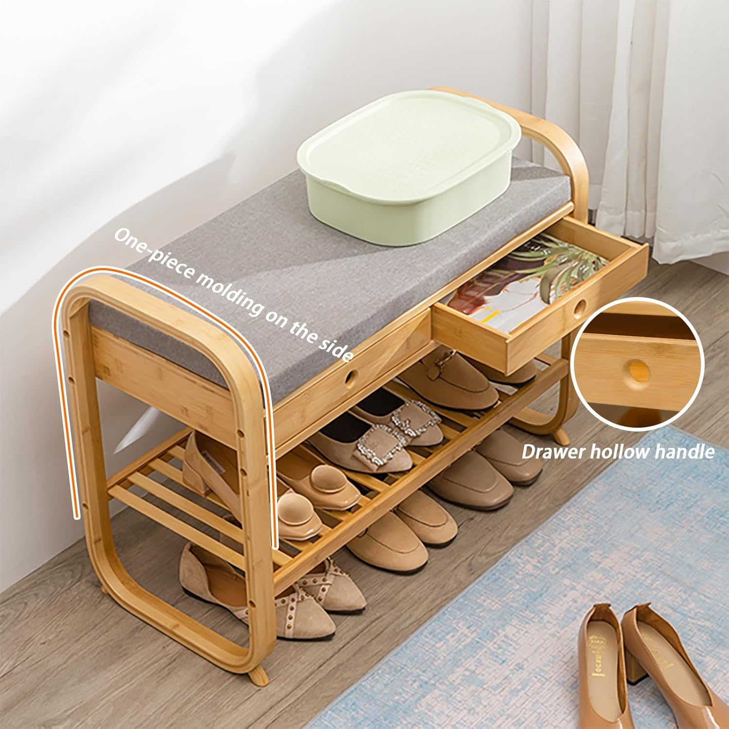 Shoe Bench with Storage Drawer, Bamboo Shoe Rack Bench with Open Shelves, Removable and Washable Upholstered Seat, Entryway Shoe Storage Bench, for Bedroom end of Bed, Living Room (Size :