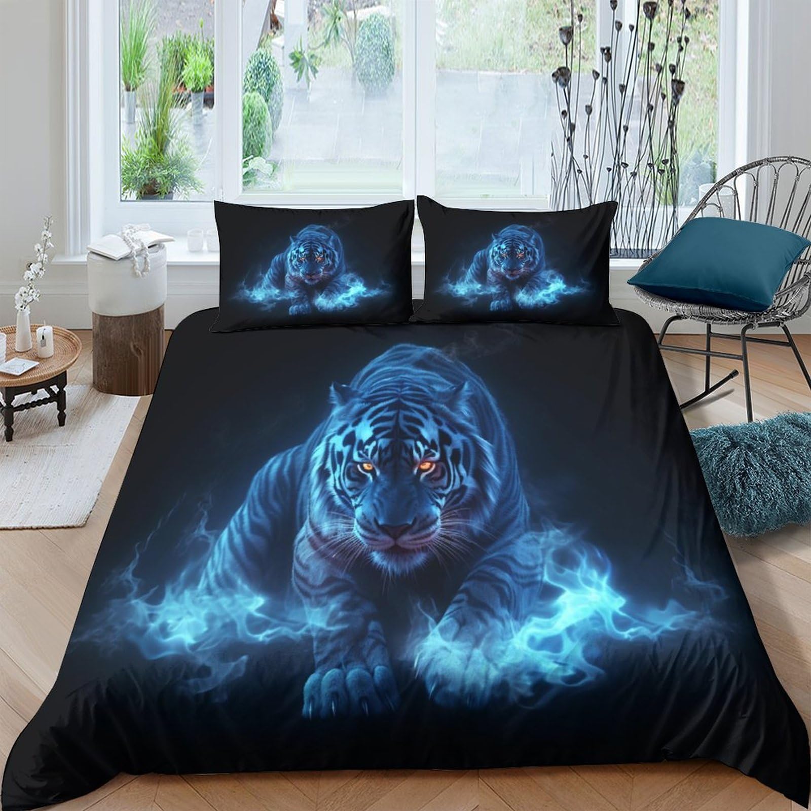 GOOSMI Blue Flame Tiger 3D Print Tiger Comforter Covers for Teens And Adults Quilt Cover Duvet Cover with Pillow Cases Soft Microfiber with Zipper Closure Bedding Set 3 Pieces King（220x240cm）