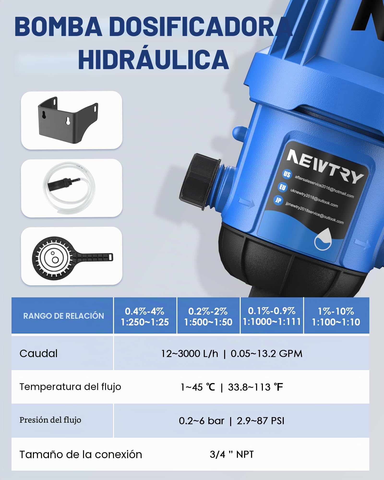 NEWTRY Inyector de fertilizante para riego por goteo, bomba dosificadora ajustable del 0,4% al 4%, dosificador de líquido de 3/4'' NPT accionado por agua para jardín, invernadero, sistema de riego e