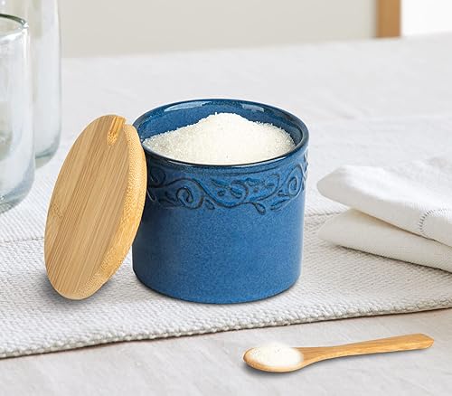 Miniatura 2 de Azucarero con tapa y cuchara Tarro de azúcar de cerámica Contenedor de cubo de azúcar azul Tarro de azúcar con cuchara Contenedor de azúcar con