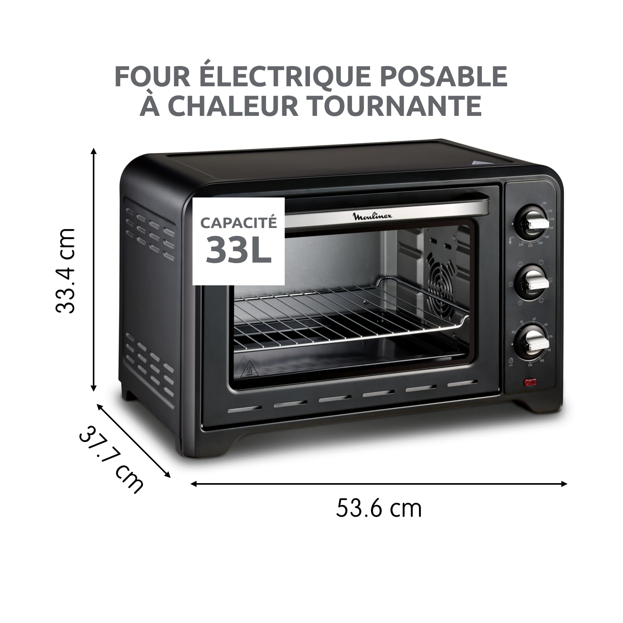 Moulinex Four posable 33 L, Chaleur tournante, Convection de pointe, 6 modes de cuisson, Thermostat réglable jusqu’à 240 °C, Timer 120 min, Grille réversible, Maniques silicone, Optimo Noir OX464811
